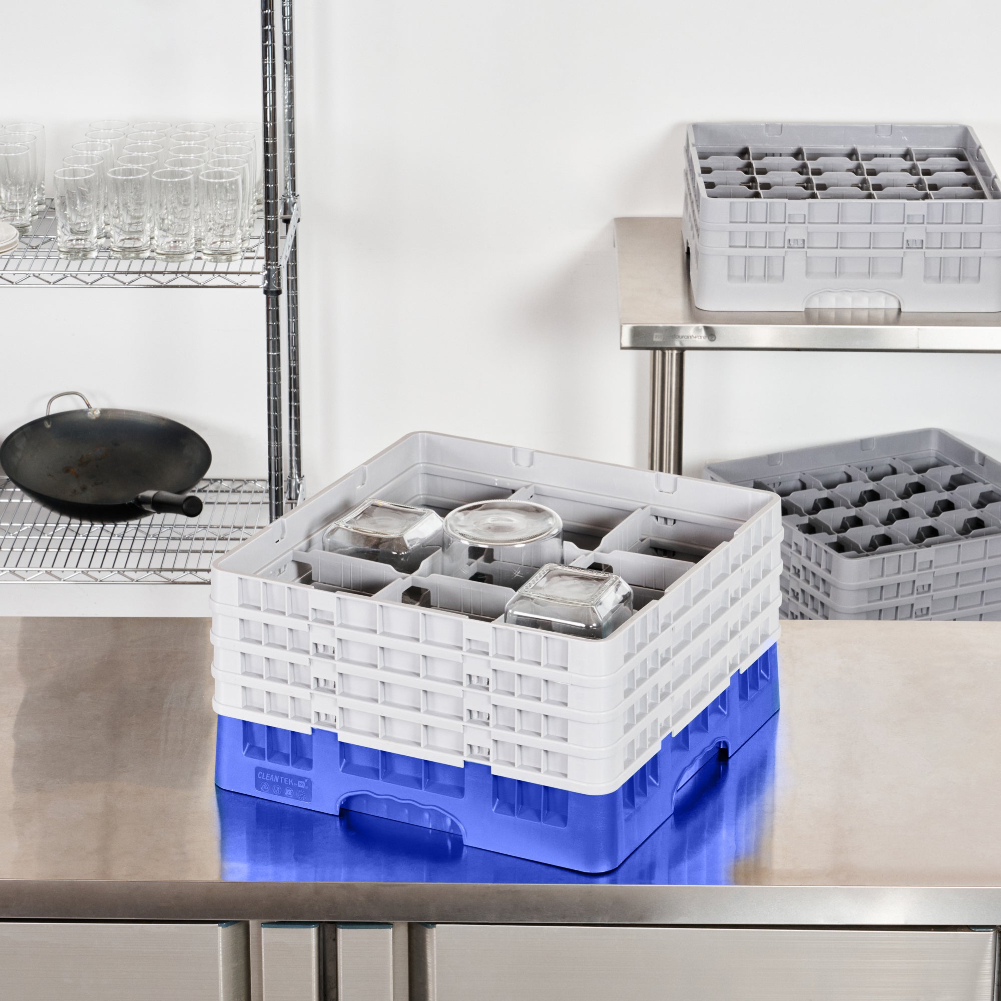 Clean Tek Professional Blue Glass Rack - 9 Compartments, 1 Full Drop and 3 Half Drop Extenders - 19 3/4" x 19 3/4" x 10 1/2" - 1 count box