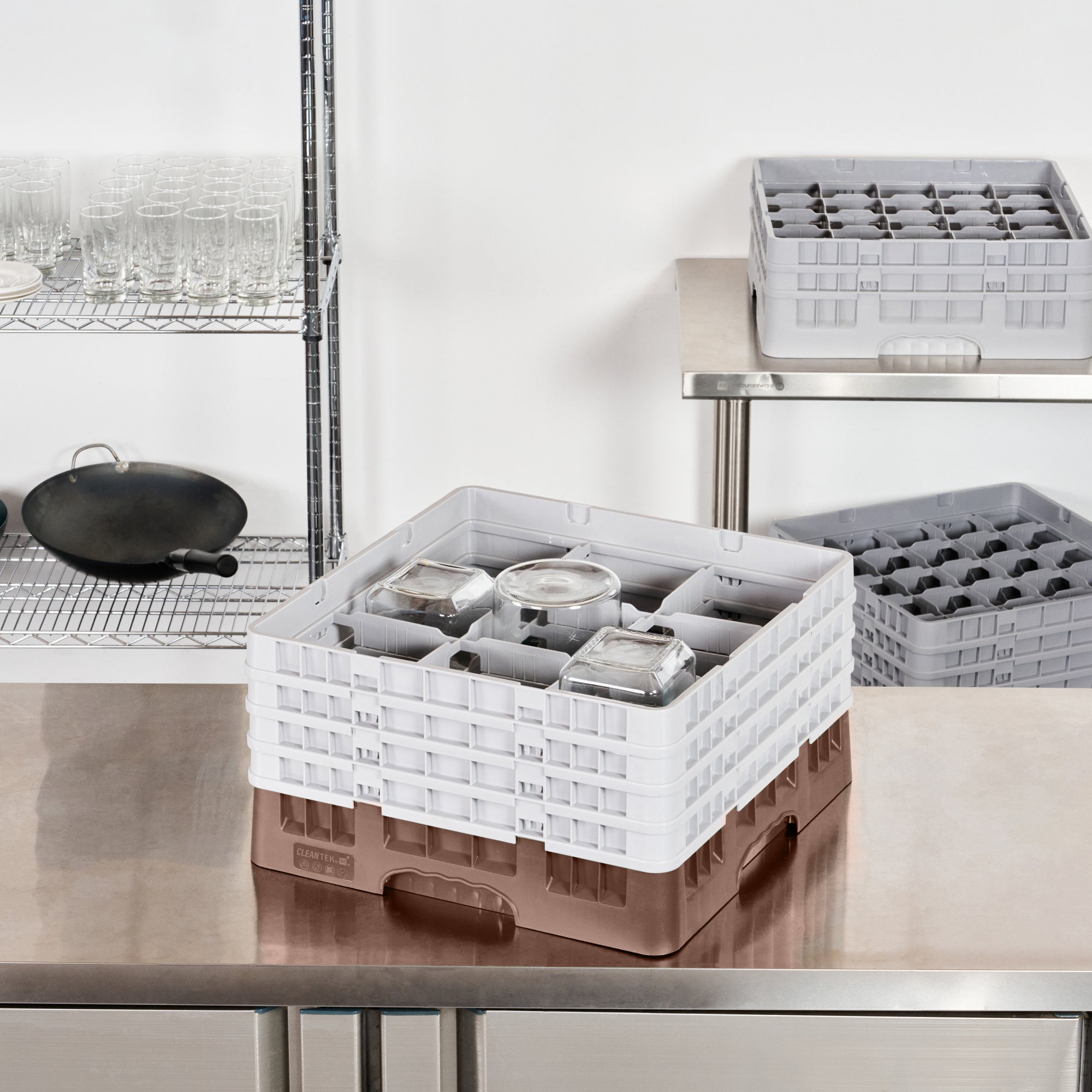 Clean Tek Professional Brown Glass Rack - 9 Compartments, 1 Full Drop and 3 Half Drop Extenders - 19 3/4" x 19 3/4" x 10 1/2" - 1 count box