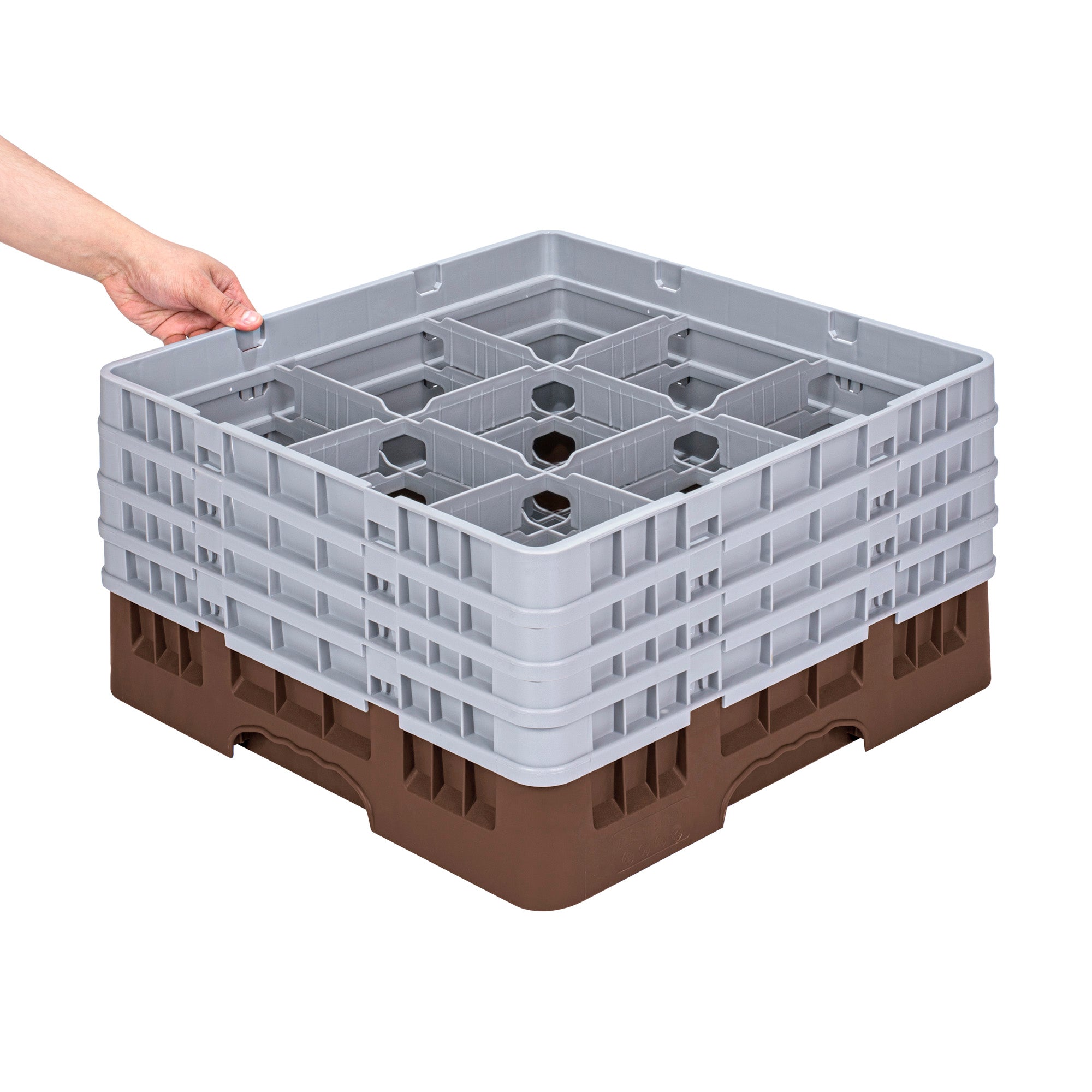 Clean Tek Professional Brown Glass Rack - 9 Compartments, 1 Full Drop and 3 Half Drop Extenders - 19 3/4" x 19 3/4" x 10 1/2" - 1 count box