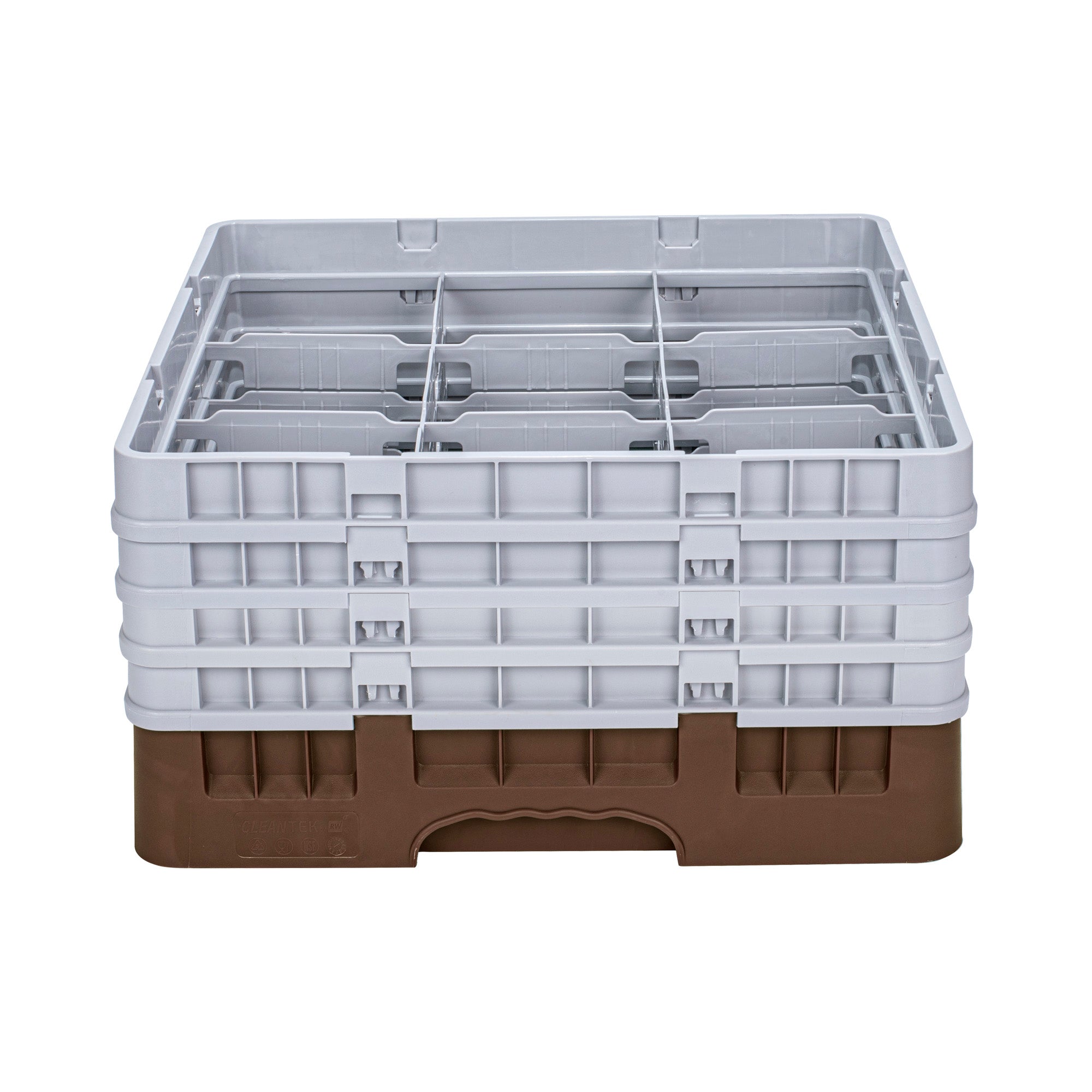 Clean Tek Professional Brown Glass Rack - 9 Compartments, 1 Full Drop and 3 Half Drop Extenders - 19 3/4" x 19 3/4" x 10 1/2" - 1 count box