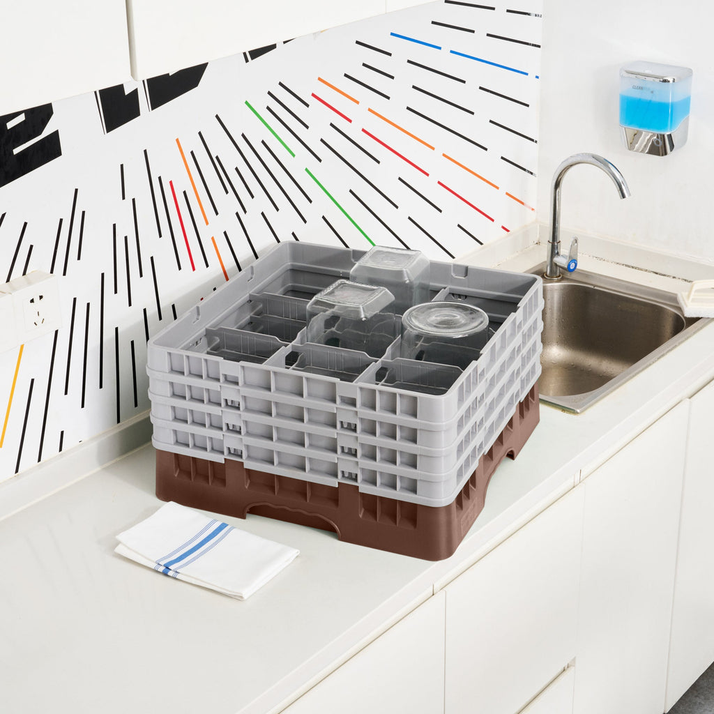 Clean Tek Professional Brown Glass Rack - 9 Compartments, 1 Full Drop and 3 Half Drop Extenders - 19 3/4" x 19 3/4" x 10 1/2" - 1 count box