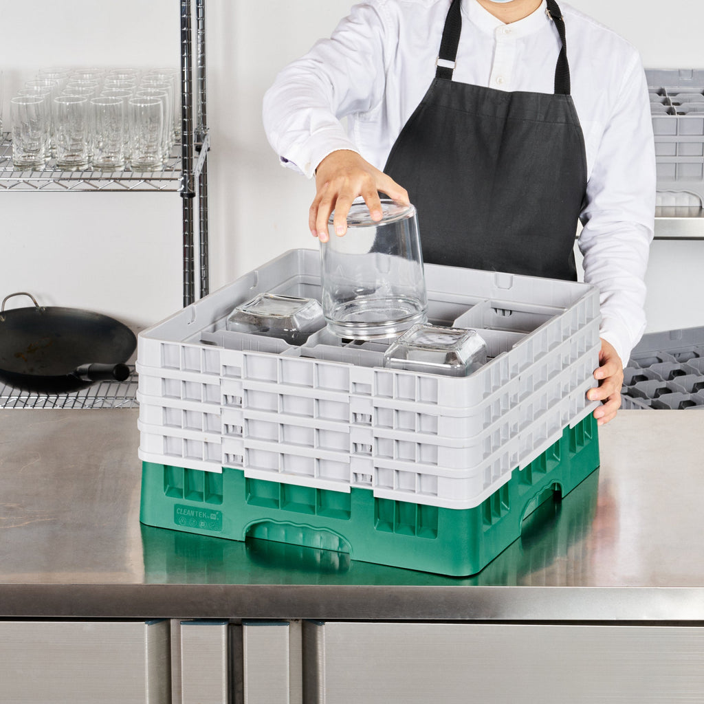 Clean Tek Professional Green Glass Rack - 9 Compartments, 1 Full Drop and 3 Half Drop Extenders - 19 3/4" x 19 3/4" x 10 1/2" - 1 count box