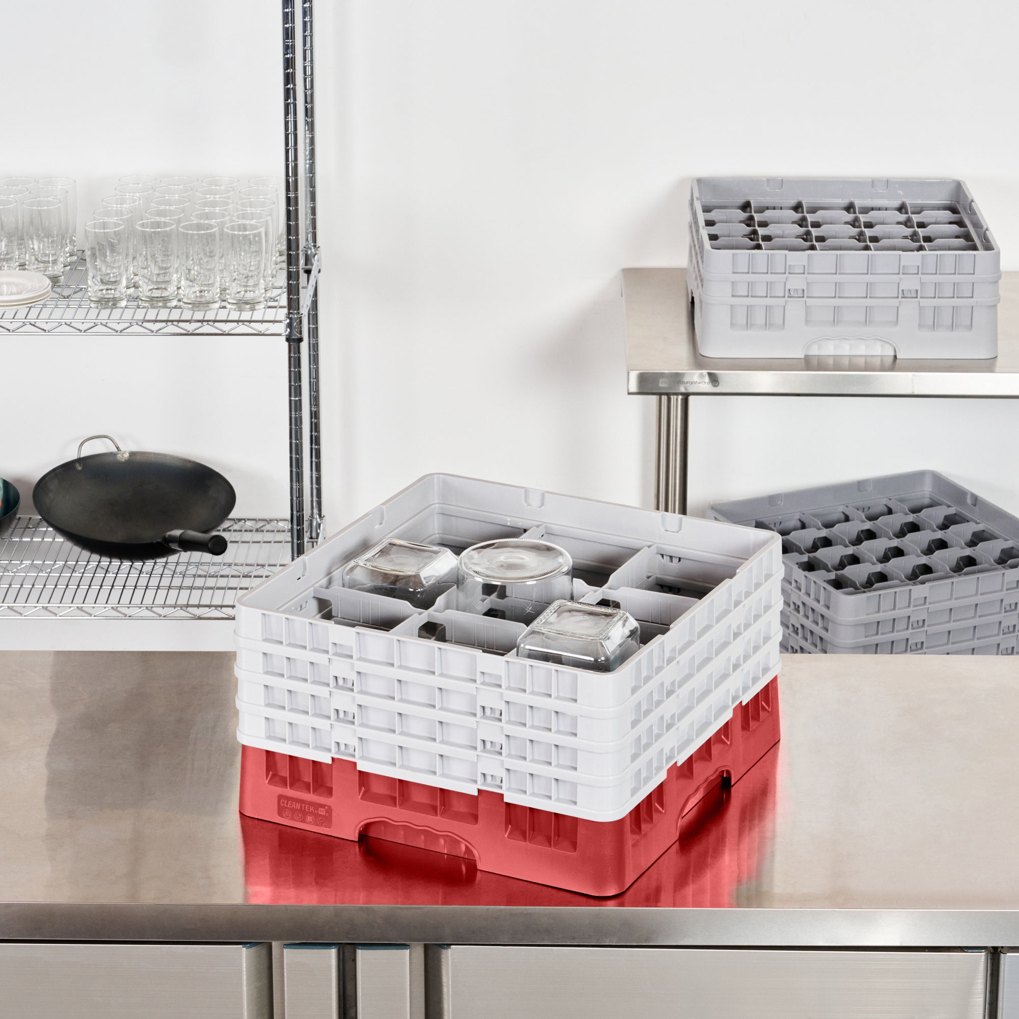 Clean Tek Professional Red Glass Rack - 9 Compartments, 1 Full Drop and 3 Half Drop Extenders - 19 3/4" x 19 3/4" x 10 1/2" - 1 count box