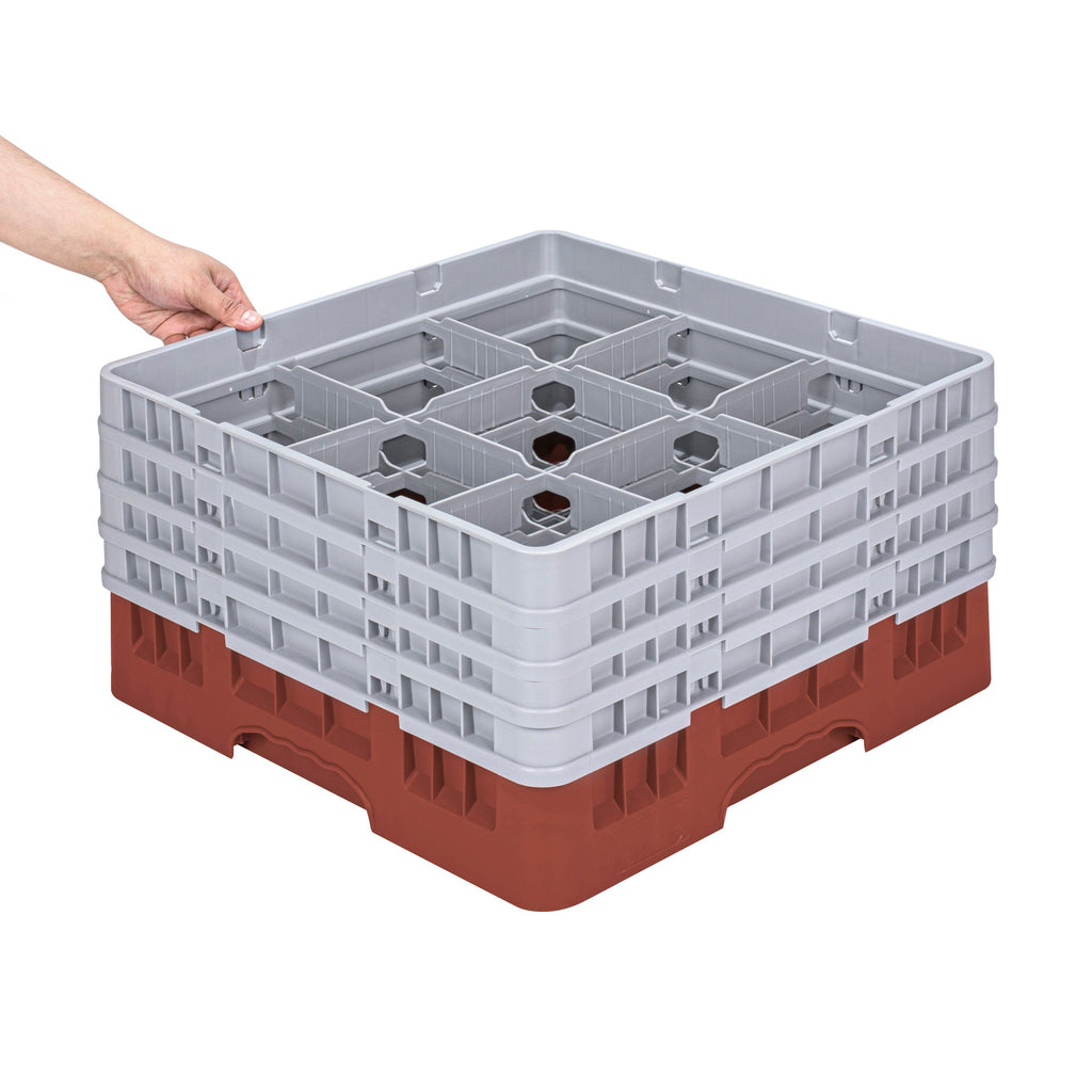 Clean Tek Professional Red Glass Rack - 9 Compartments, 1 Full Drop and 3 Half Drop Extenders - 19 3/4" x 19 3/4" x 10 1/2" - 1 count box