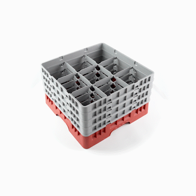 Clean Tek Professional Red Glass Rack - 9 Compartments, 1 Full Drop and 3 Half Drop Extenders - 19 3/4" x 19 3/4" x 10 1/2" - 1 count box