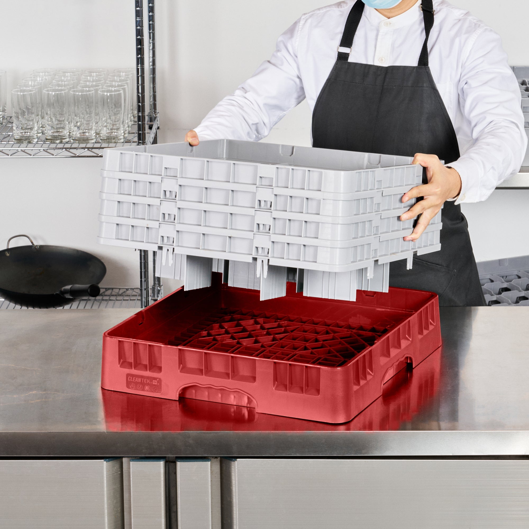 Clean Tek Professional Red Glass Rack - 9 Compartments, 1 Full Drop and 3 Half Drop Extenders - 19 3/4" x 19 3/4" x 10 1/2" - 1 count box