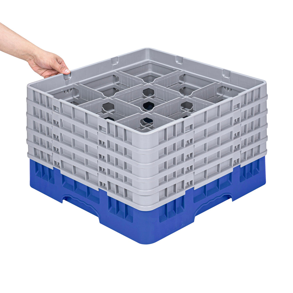 Clean Tek Professional Blue Glass Rack - 9 Compartments, 1 Full Drop and 4 Half Drop Extenders - 19 3/4" x 19 3/4" x 12 1/4" - 1 count box