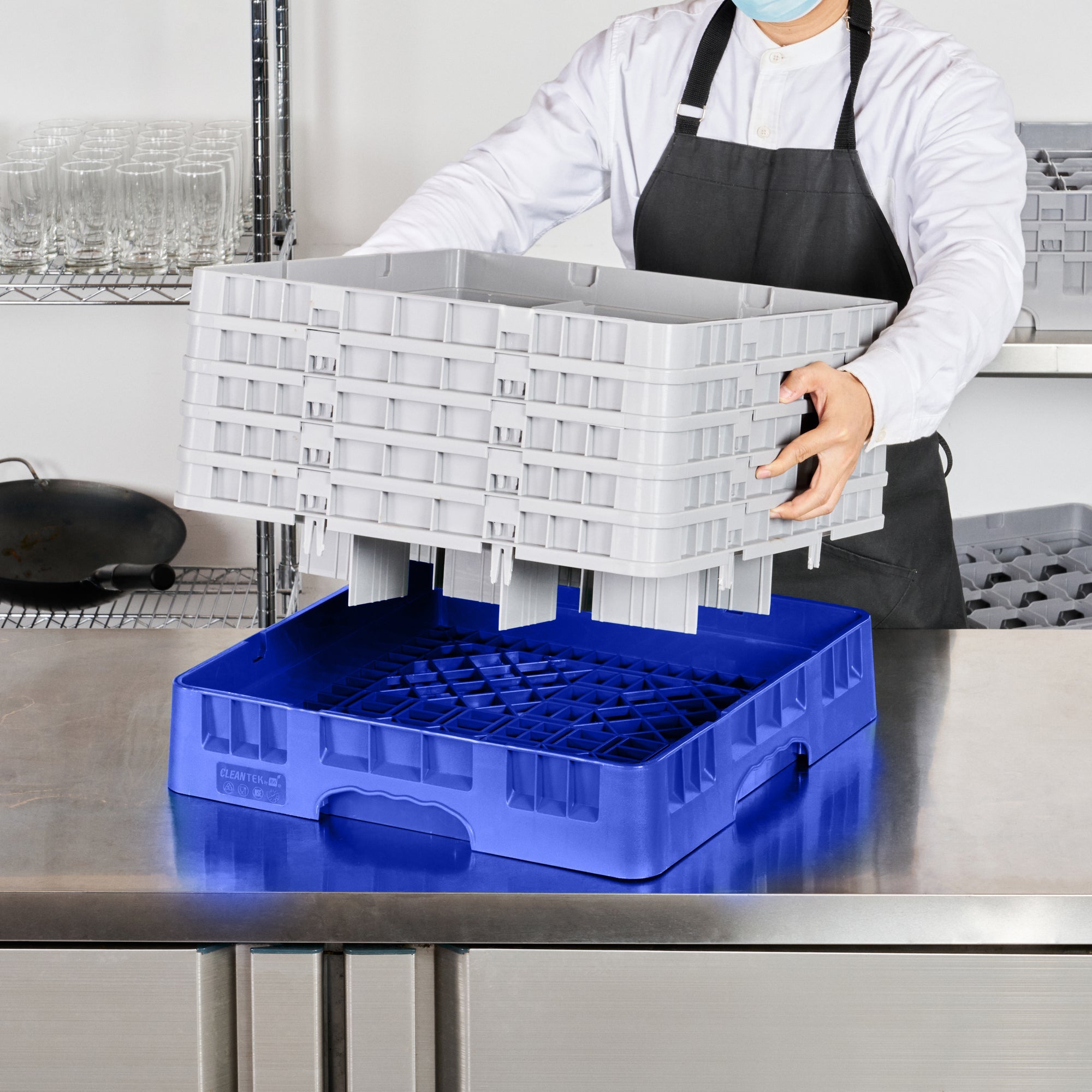 Clean Tek Professional Blue Glass Rack - 9 Compartments, 1 Full Drop and 4 Half Drop Extenders - 19 3/4" x 19 3/4" x 12 1/4" - 1 count box