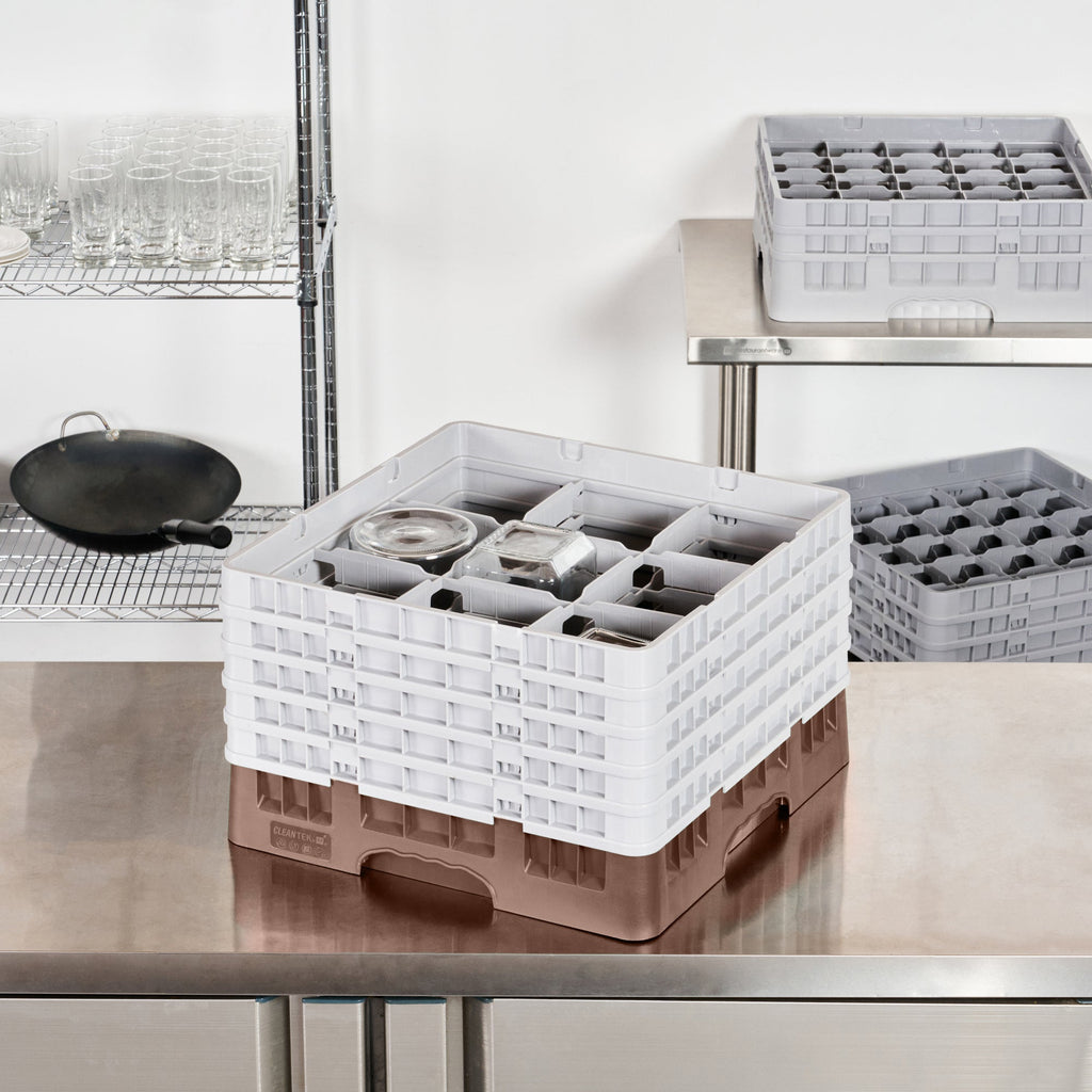 Clean Tek Professional Brown Glass Rack - 9 Compartments, 1 Full Drop and 4 Half Drop Extenders - 19 3/4" x 19 3/4" x 12 1/4" - 1 count box