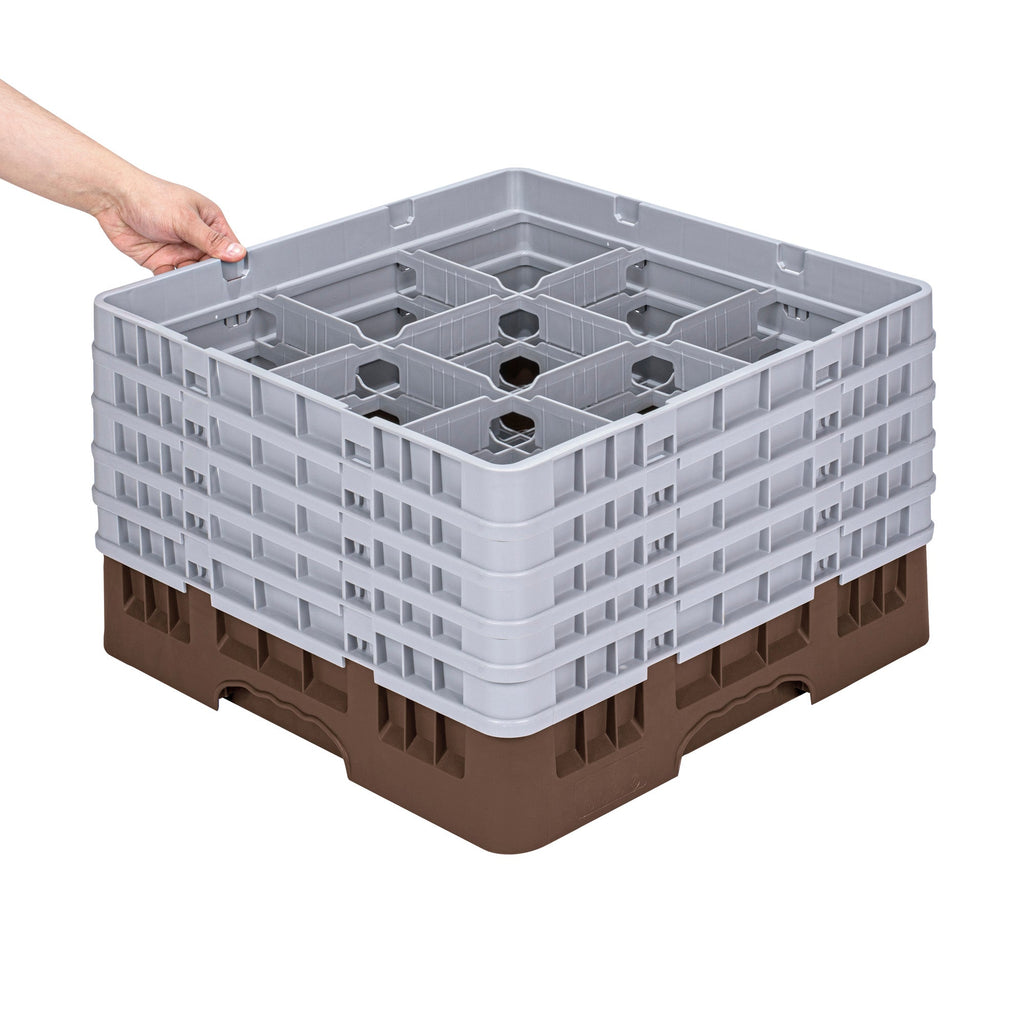 Clean Tek Professional Brown Glass Rack - 9 Compartments, 1 Full Drop and 4 Half Drop Extenders - 19 3/4" x 19 3/4" x 12 1/4" - 1 count box