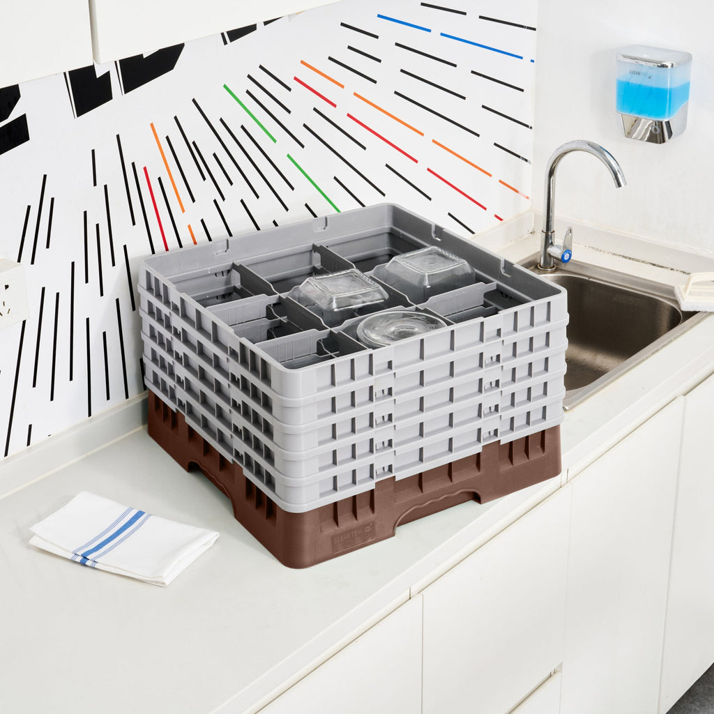 Clean Tek Professional Brown Glass Rack - 9 Compartments, 1 Full Drop and 4 Half Drop Extenders - 19 3/4" x 19 3/4" x 12 1/4" - 1 count box