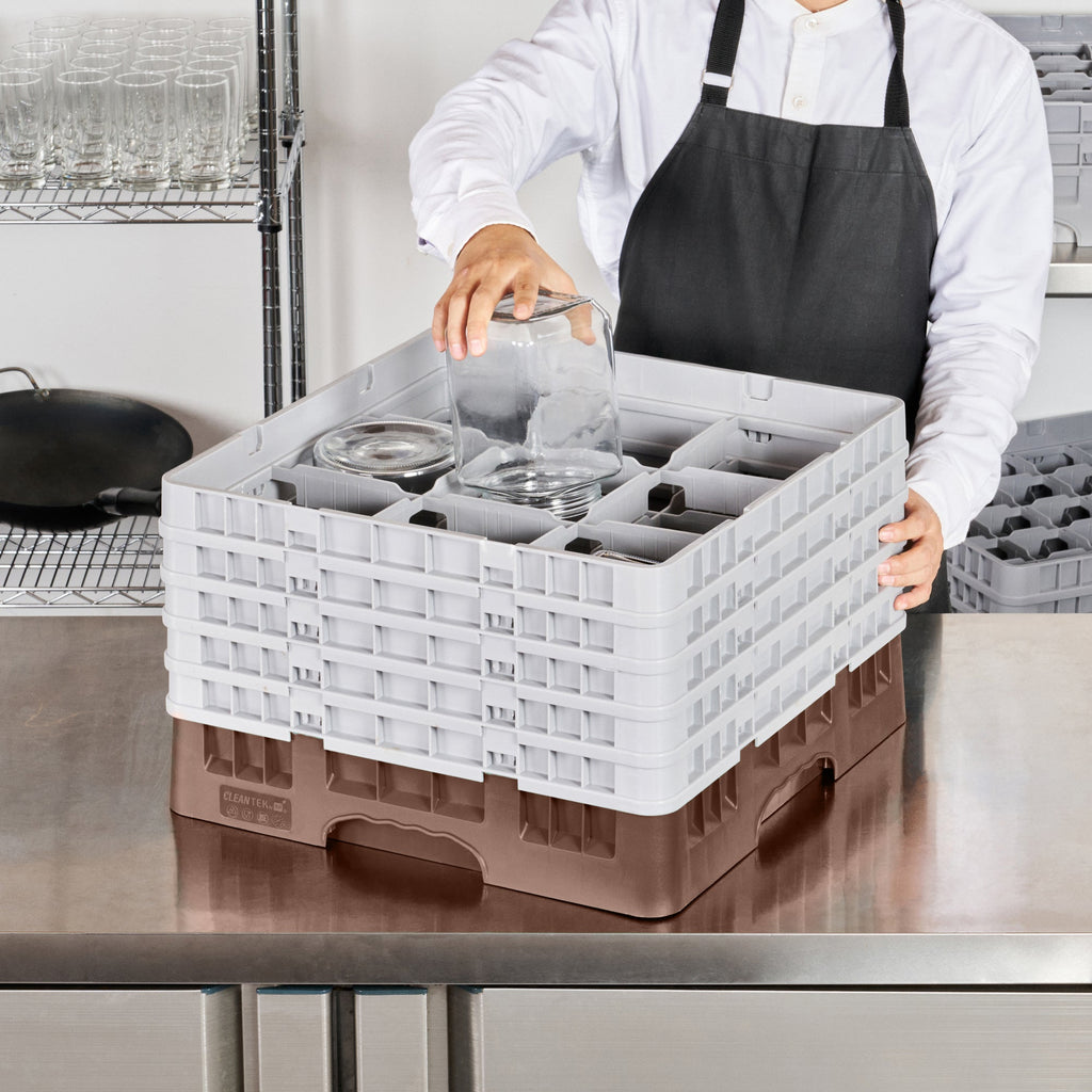 Clean Tek Professional Brown Glass Rack - 9 Compartments, 1 Full Drop and 4 Half Drop Extenders - 19 3/4" x 19 3/4" x 12 1/4" - 1 count box