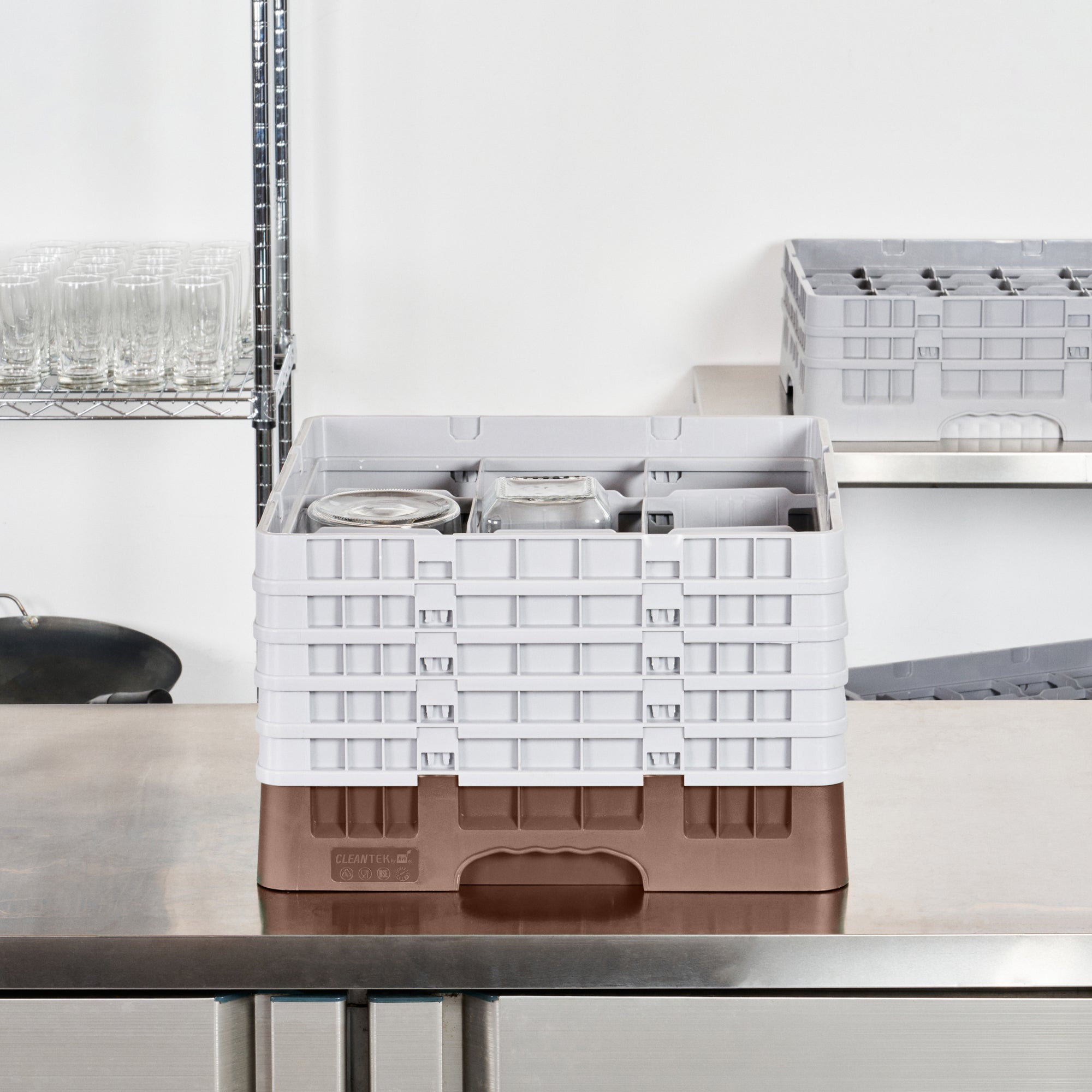 Clean Tek Professional Brown Glass Rack - 9 Compartments, 1 Full Drop and 4 Half Drop Extenders - 19 3/4" x 19 3/4" x 12 1/4" - 1 count box