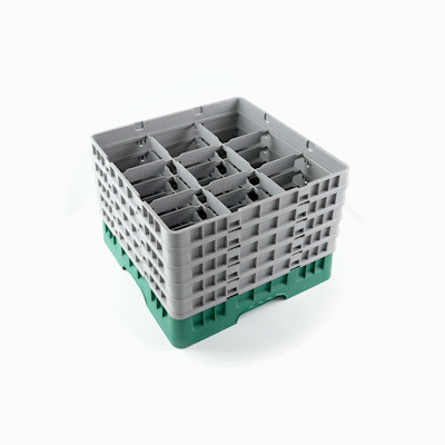 Clean Tek Professional Green Glass Rack - 9 Compartments, 1 Full Drop and 4 Half Drop Extenders - 19 3/4" x 19 3/4" x 12 1/4" - 1 count box