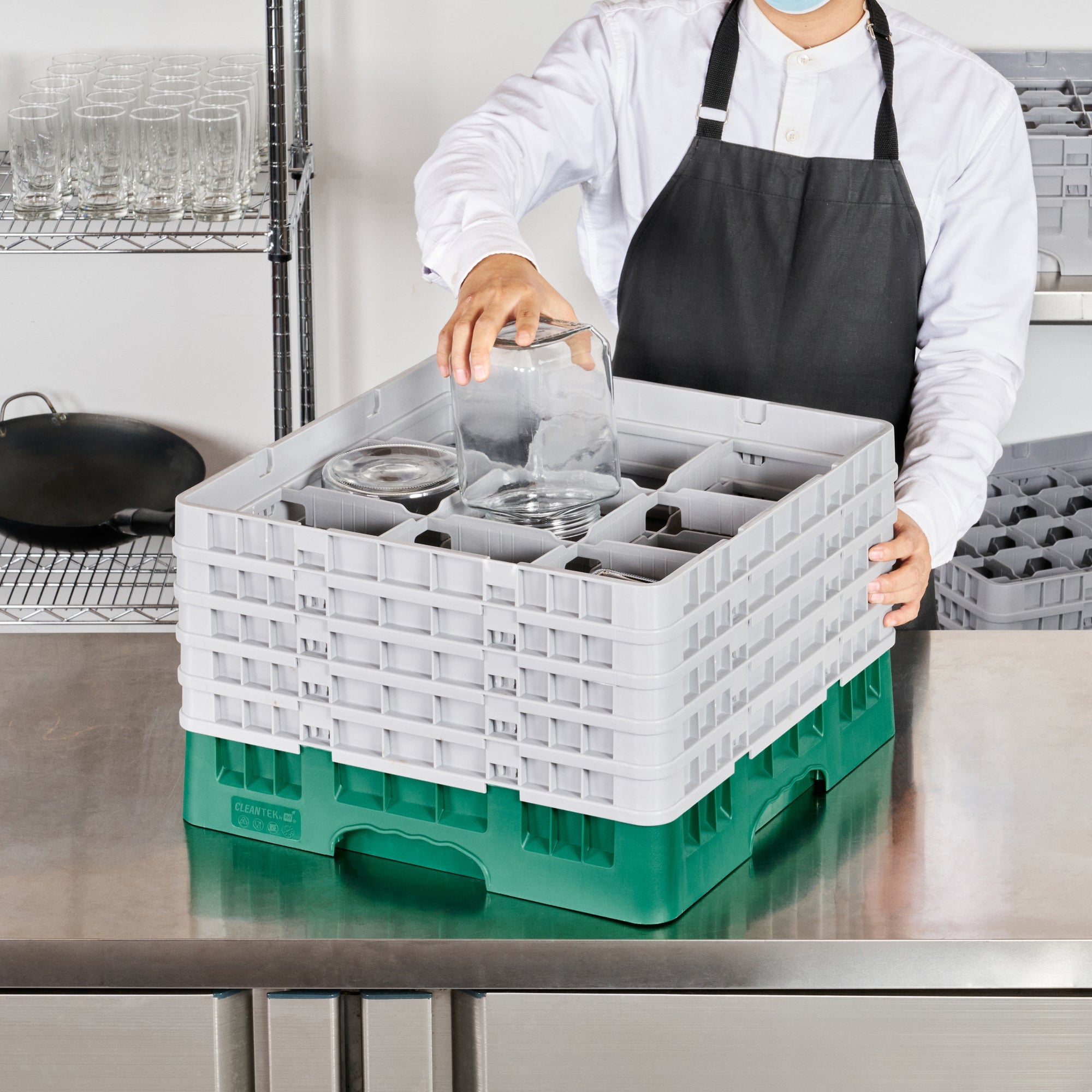 Clean Tek Professional Green Glass Rack - 9 Compartments, 1 Full Drop and 4 Half Drop Extenders - 19 3/4" x 19 3/4" x 12 1/4" - 1 count box