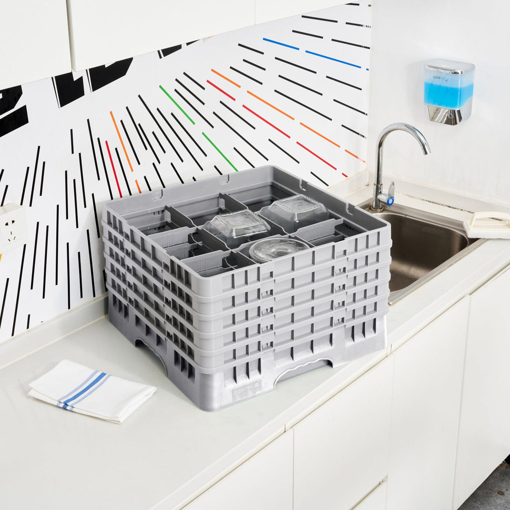 Clean Tek Professional Gray Glass Rack - 9 Compartments, 1 Full Drop and 4 Half Drop Extenders - 19 3/4" x 19 3/4" x 12 1/4" - 1 count box