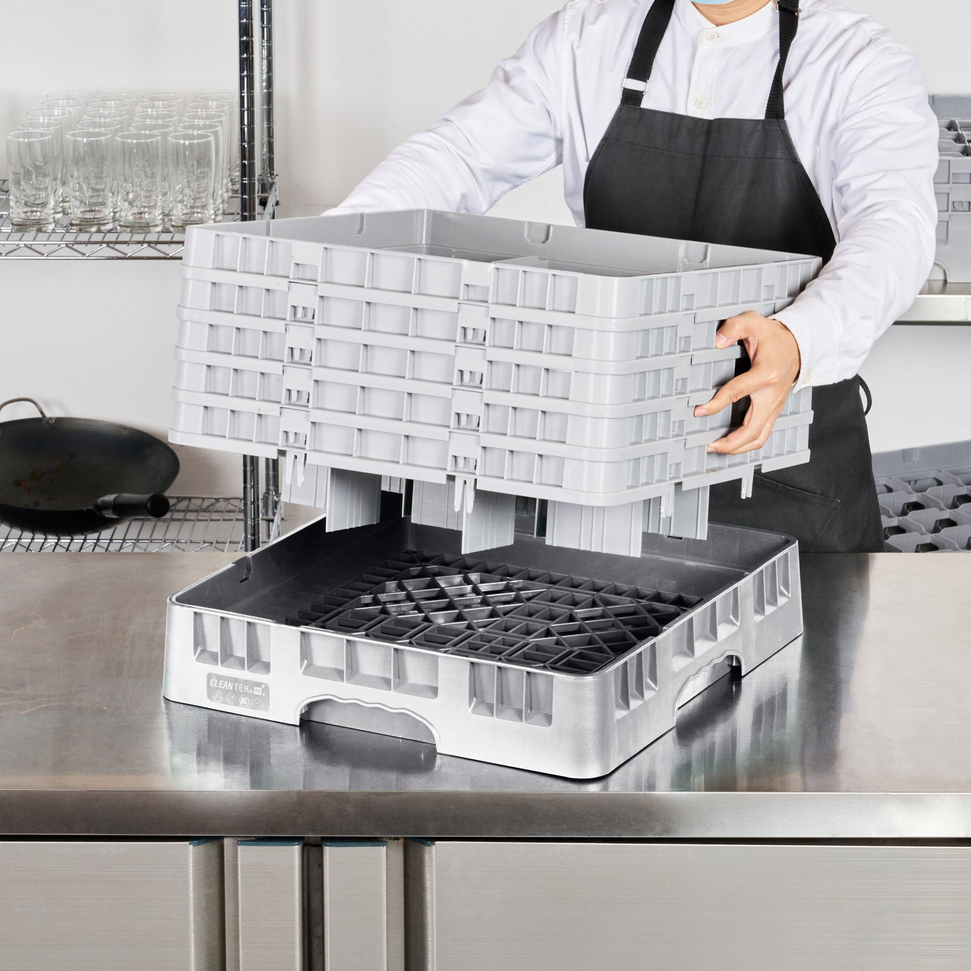 Clean Tek Professional Gray Glass Rack - 9 Compartments, 1 Full Drop and 4 Half Drop Extenders - 19 3/4" x 19 3/4" x 12 1/4" - 1 count box