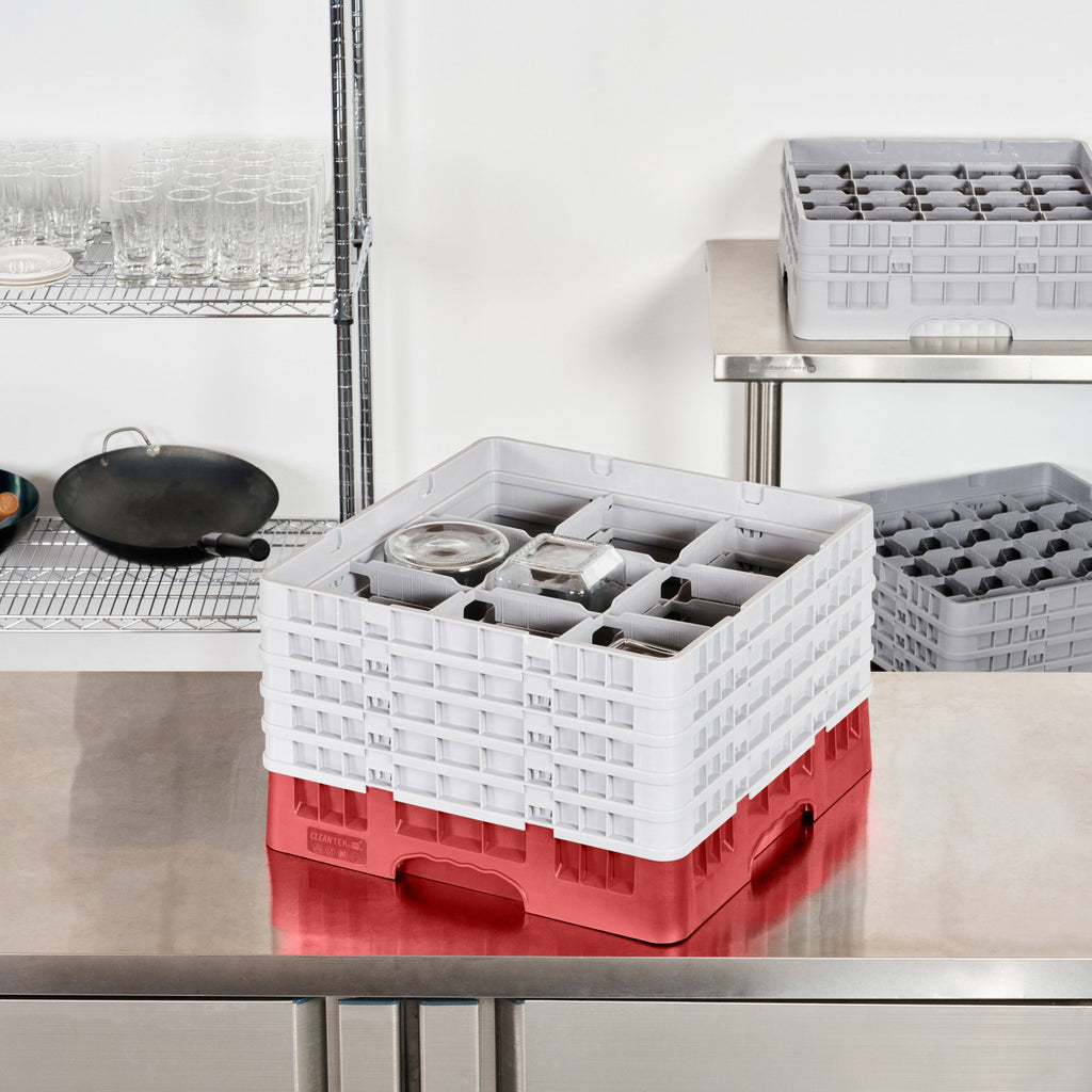 Clean Tek Professional Red Glass Rack - 9 Compartments, 1 Full Drop and 4 Half Drop Extenders - 19 3/4" x 19 3/4" x 12 1/4" - 1 count box