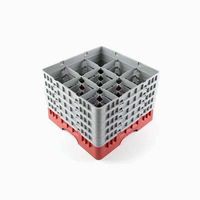Clean Tek Professional Red Glass Rack - 9 Compartments, 1 Full Drop and 4 Half Drop Extenders - 19 3/4" x 19 3/4" x 12 1/4" - 1 count box