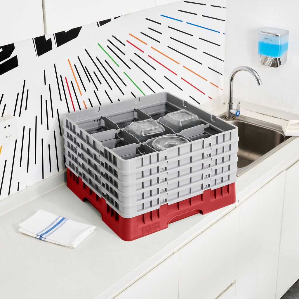Clean Tek Professional Red Glass Rack - 9 Compartments, 1 Full Drop and 4 Half Drop Extenders - 19 3/4" x 19 3/4" x 12 1/4" - 1 count box