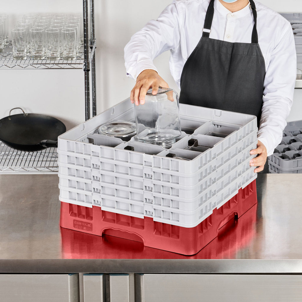 Clean Tek Professional Red Glass Rack - 9 Compartments, 1 Full Drop and 4 Half Drop Extenders - 19 3/4" x 19 3/4" x 12 1/4" - 1 count box