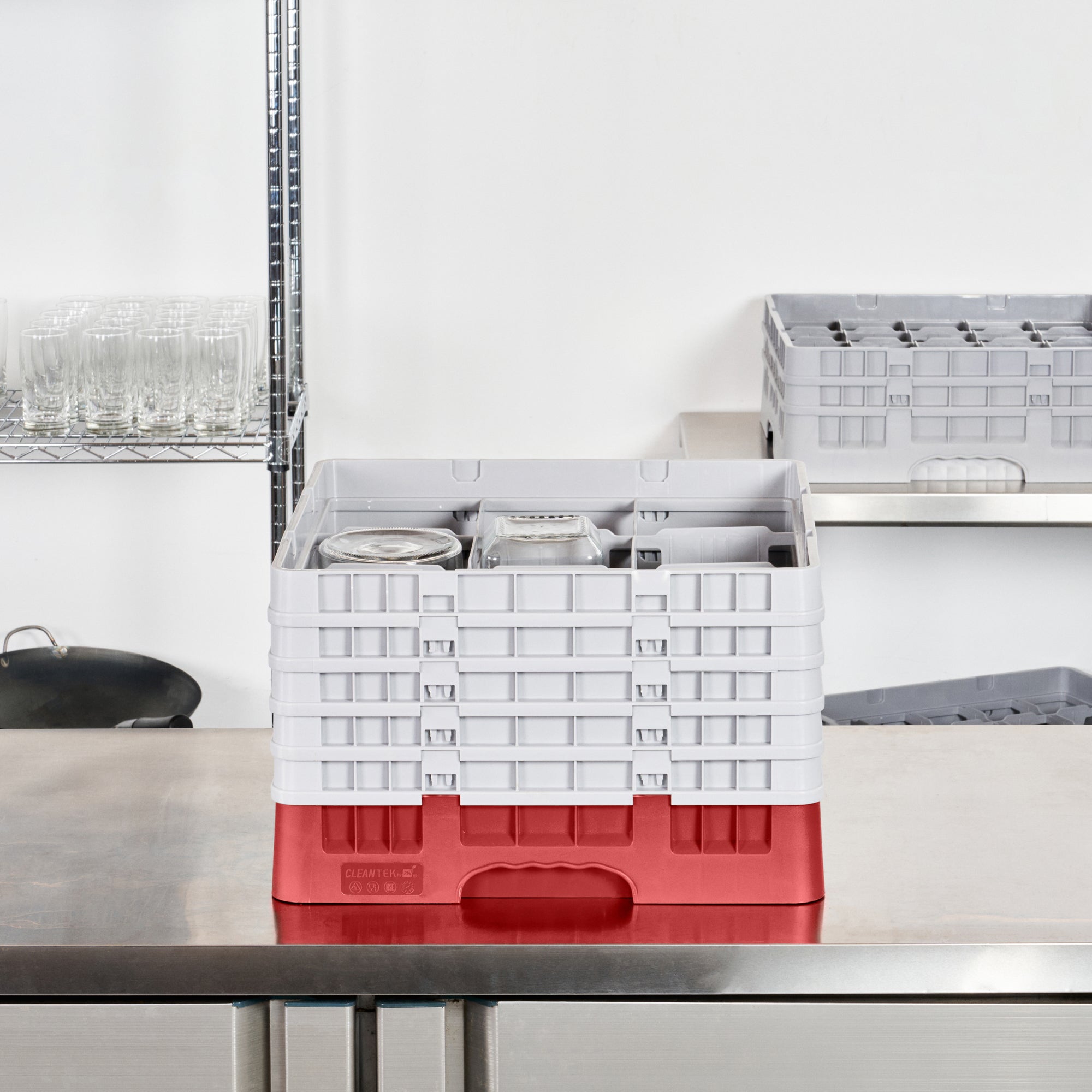 Clean Tek Professional Red Glass Rack - 9 Compartments, 1 Full Drop and 4 Half Drop Extenders - 19 3/4" x 19 3/4" x 12 1/4" - 1 count box