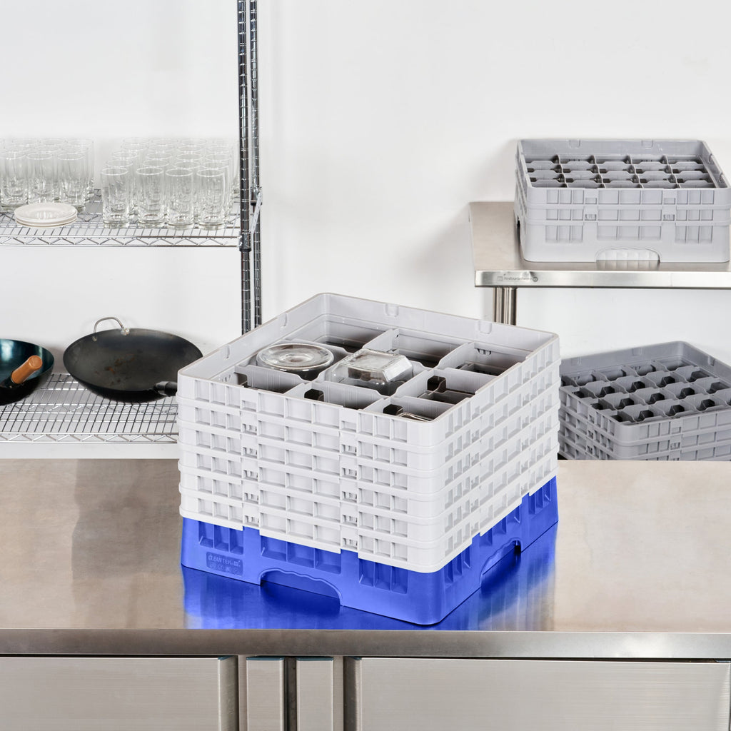 Clean Tek Professional Blue Glass Rack - 9 Compartments, 1 Full Drop and 5 Half Drop Extenders - 19 3/4" x 19 3/4" x 13 3/4" - 1 count box