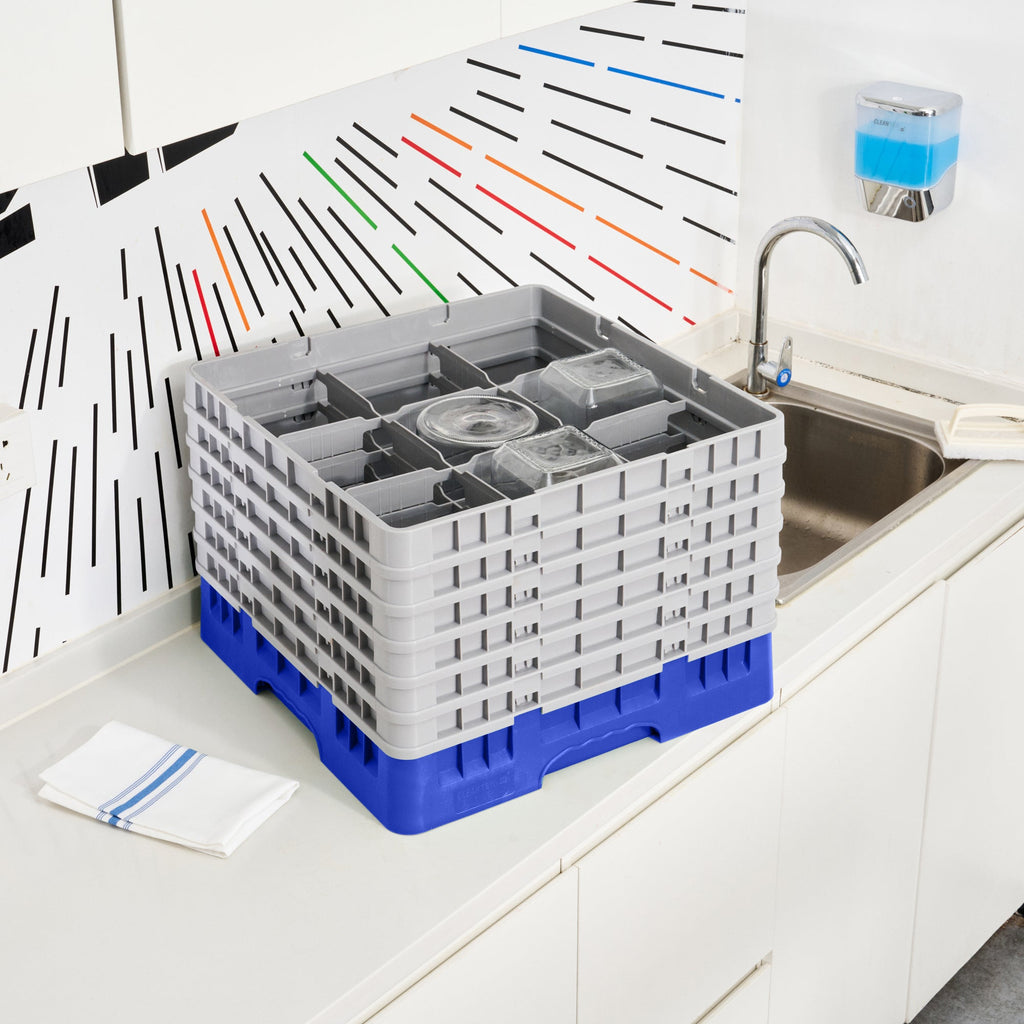 Clean Tek Professional Blue Glass Rack - 9 Compartments, 1 Full Drop and 5 Half Drop Extenders - 19 3/4" x 19 3/4" x 13 3/4" - 1 count box