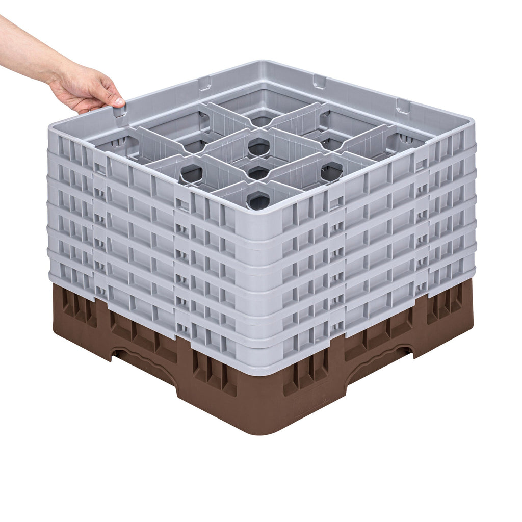 Clean Tek Professional Brown Glass Rack - 9 Compartments, 1 Full Drop and 5 Half Drop Extenders - 19 3/4" x 19 3/4" x 13 3/4" - 1 count box