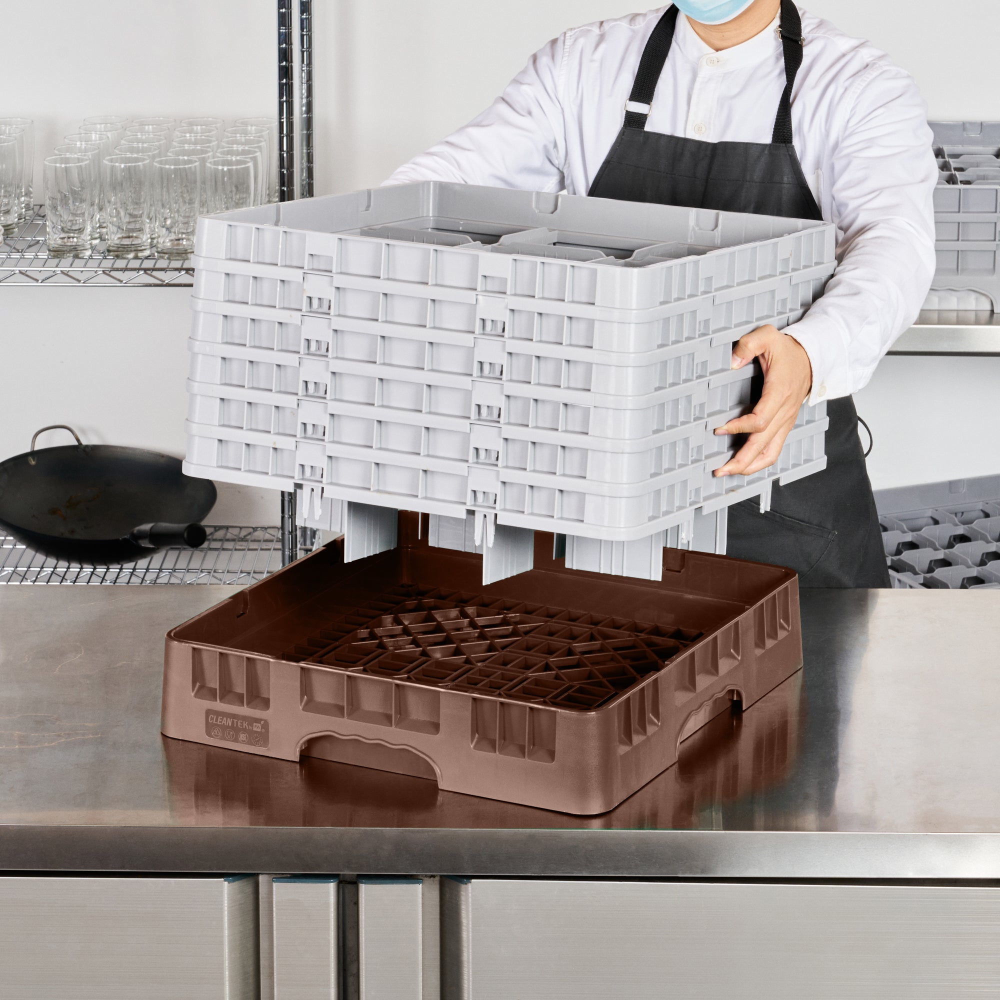 Clean Tek Professional Brown Glass Rack - 9 Compartments, 1 Full Drop and 5 Half Drop Extenders - 19 3/4" x 19 3/4" x 13 3/4" - 1 count box
