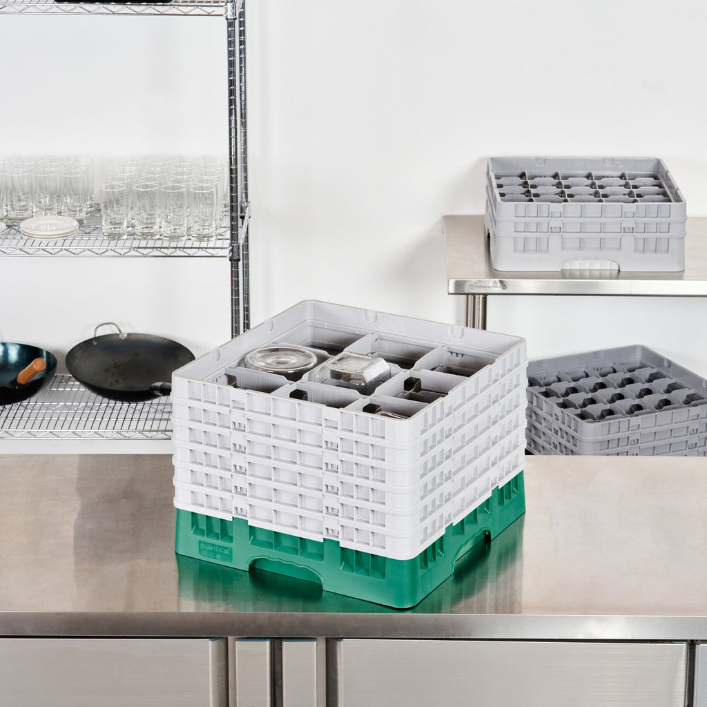 Clean Tek Professional Green Glass Rack - 9 Compartments, 1 Full Drop and 5 Half Drop Extenders - 19 3/4" x 19 3/4" x 13 3/4" - 1 count box