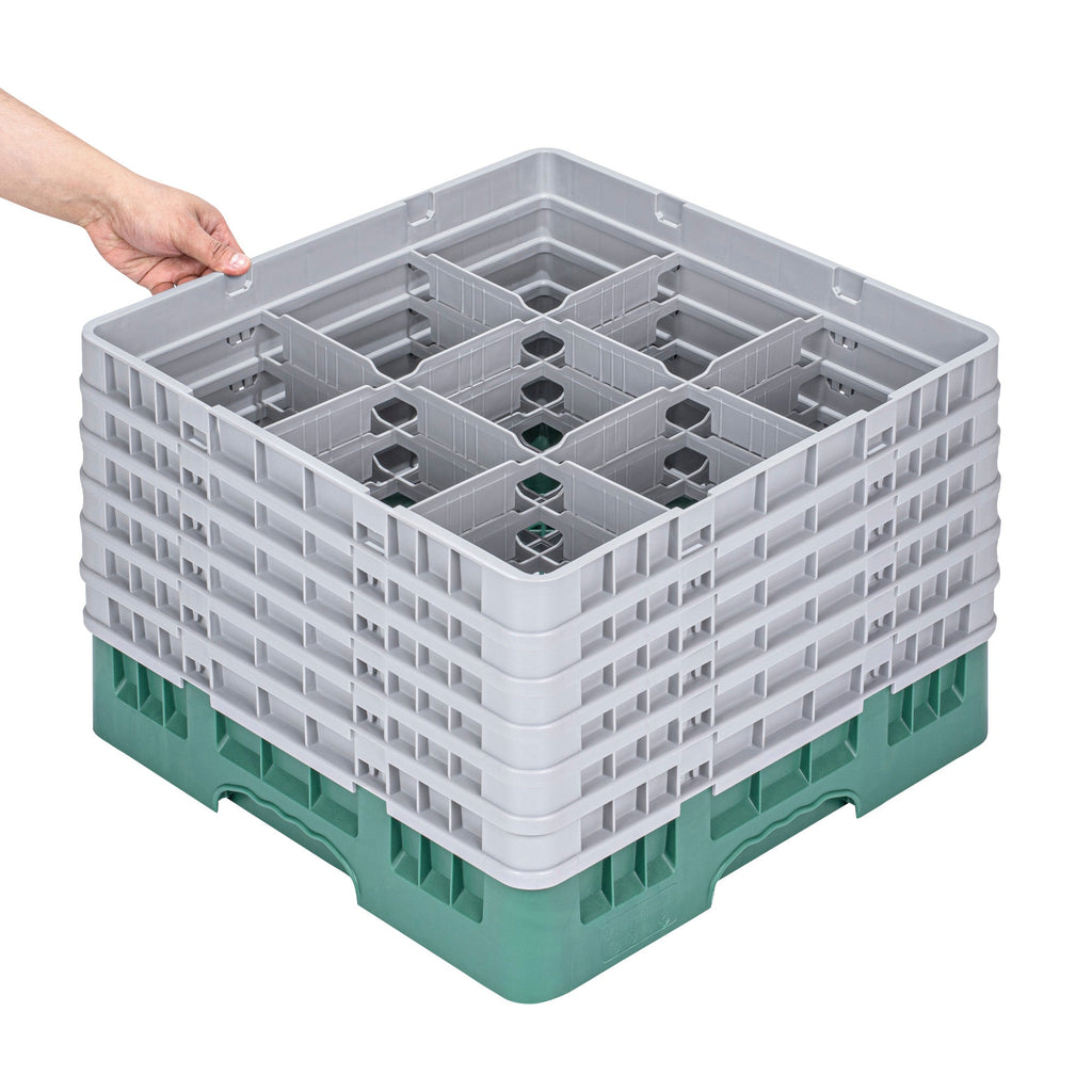 Clean Tek Professional Green Glass Rack - 9 Compartments, 1 Full Drop and 5 Half Drop Extenders - 19 3/4" x 19 3/4" x 13 3/4" - 1 count box