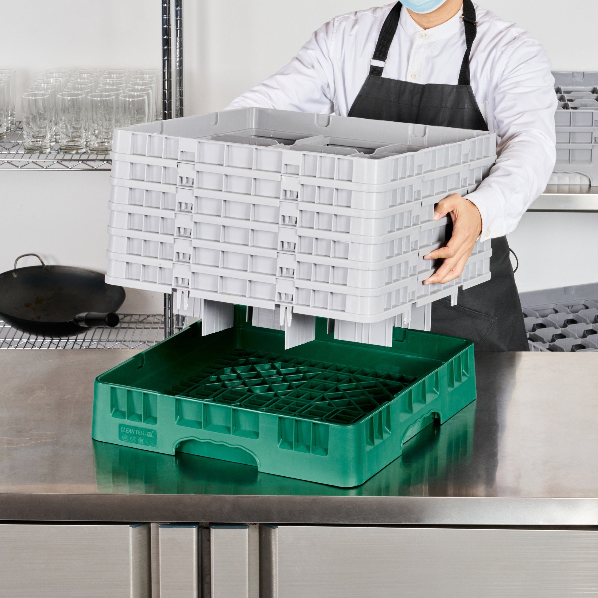 Clean Tek Professional Green Glass Rack - 9 Compartments, 1 Full Drop and 5 Half Drop Extenders - 19 3/4" x 19 3/4" x 13 3/4" - 1 count box