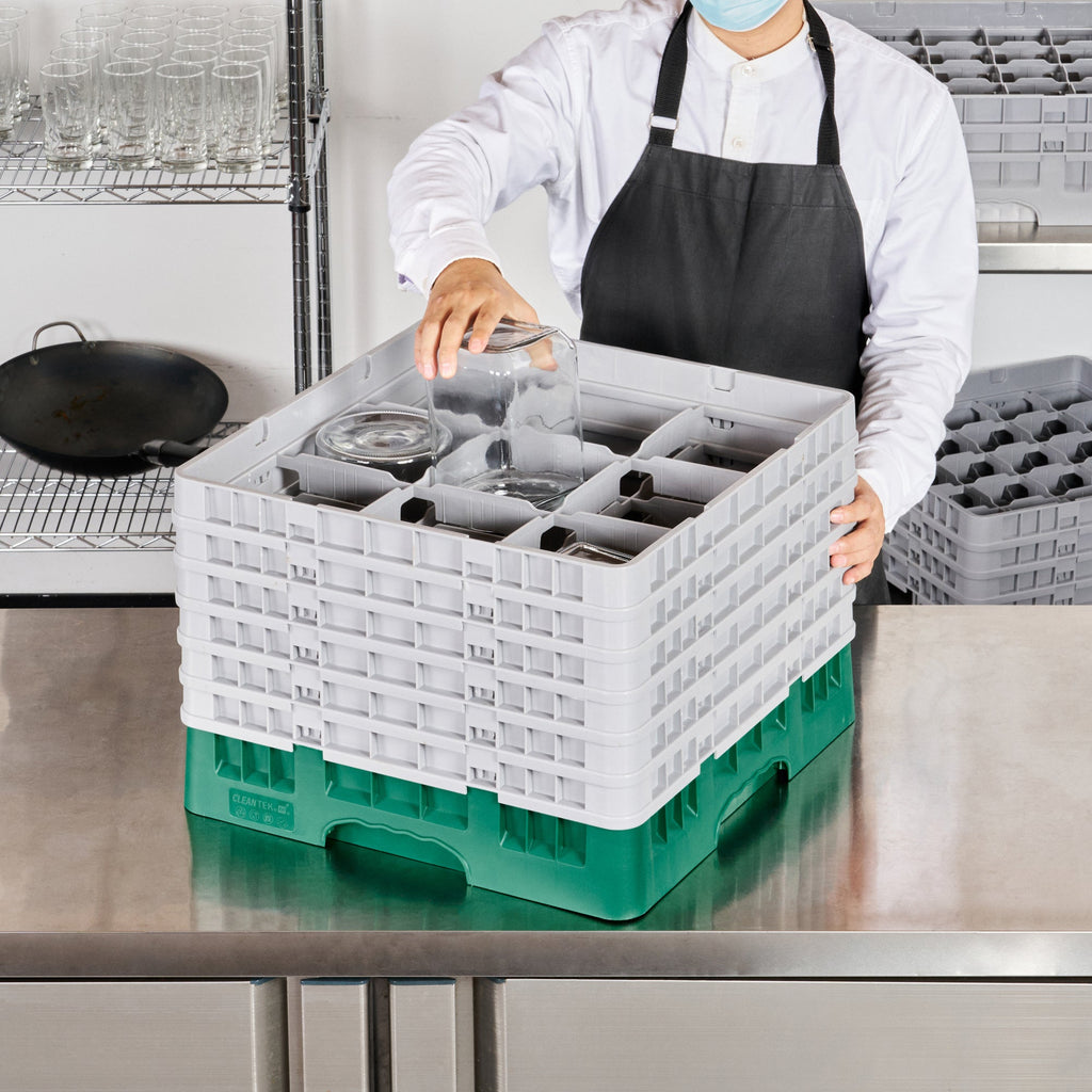 Clean Tek Professional Green Glass Rack - 9 Compartments, 1 Full Drop and 5 Half Drop Extenders - 19 3/4" x 19 3/4" x 13 3/4" - 1 count box