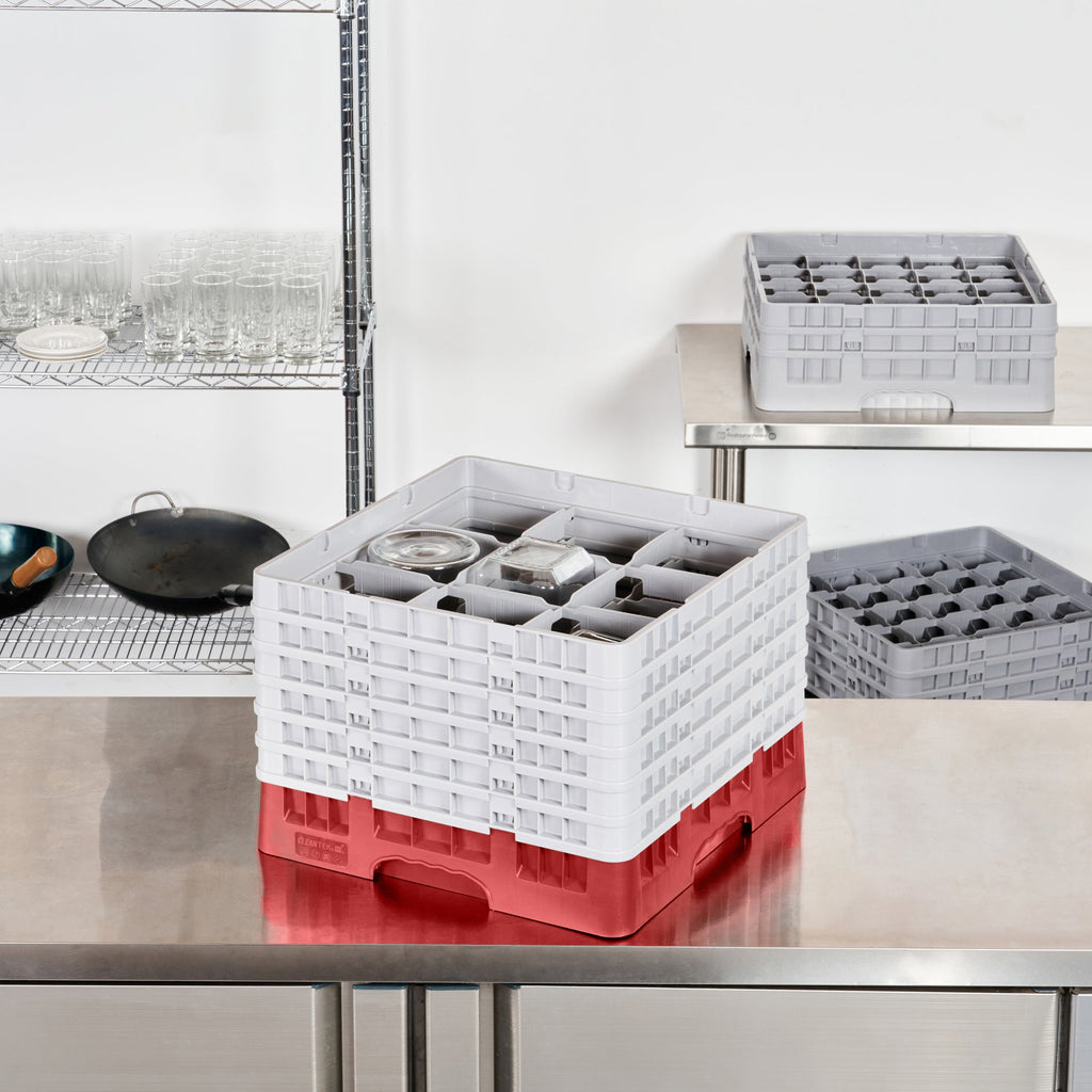 Clean Tek Professional Red Glass Rack - 9 Compartments, 1 Full Drop and 5 Half Drop Extenders - 19 3/4" x 19 3/4" x 13 3/4" - 1 count box