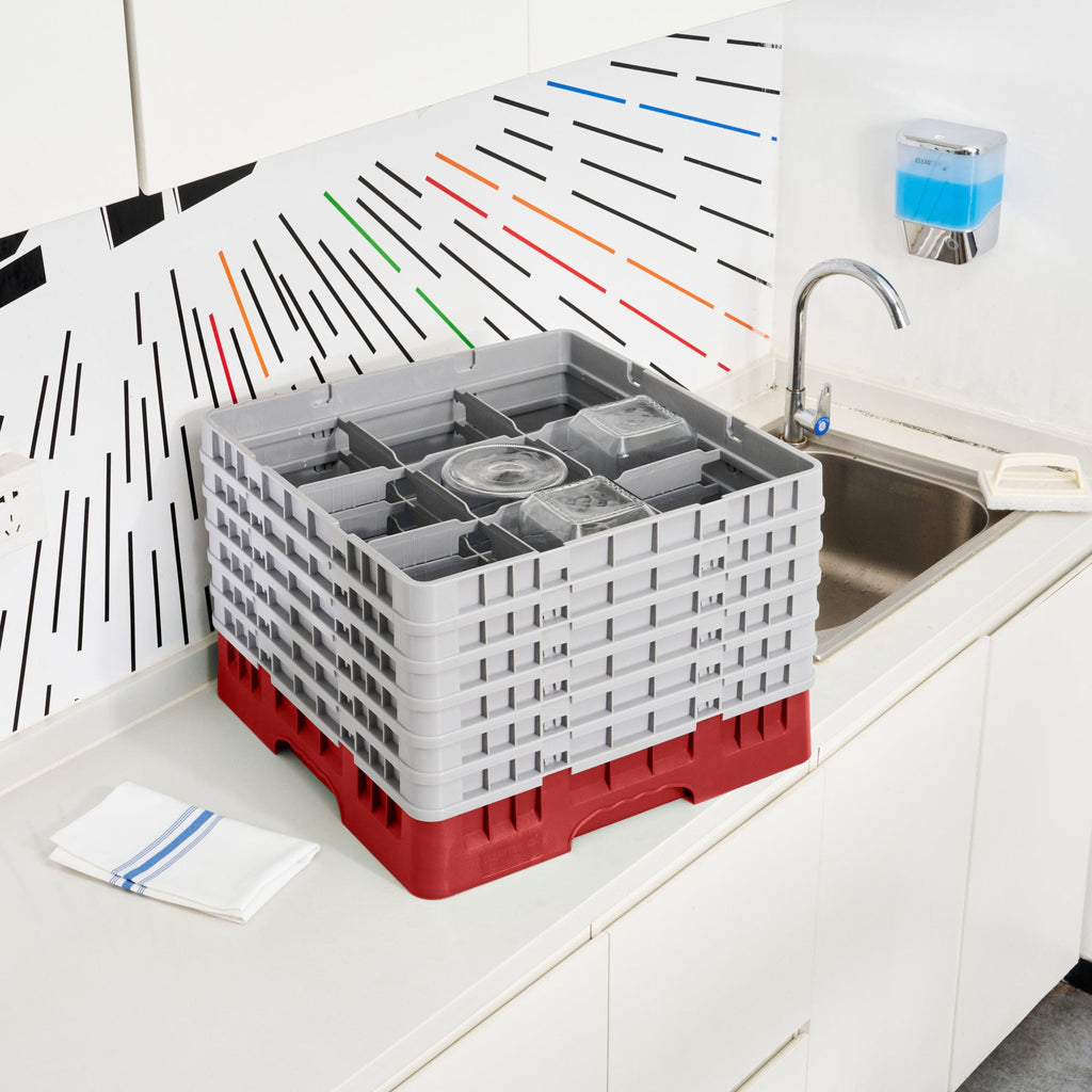 Clean Tek Professional Red Glass Rack - 9 Compartments, 1 Full Drop and 5 Half Drop Extenders - 19 3/4" x 19 3/4" x 13 3/4" - 1 count box