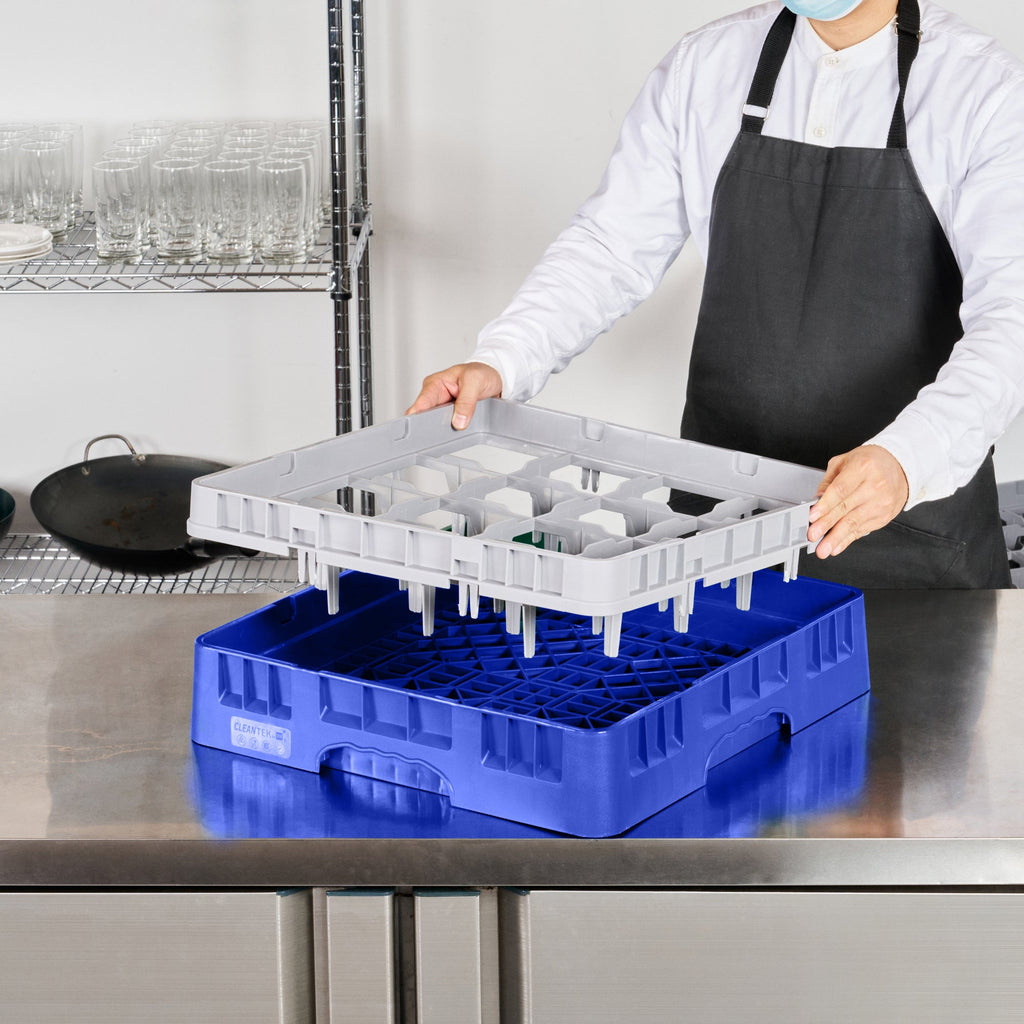Clean Tek Professional Blue Glass Rack - 16 Compartments, 1 Full Drop Extender - 19 3/4" x 19 3/4" x 5 3/4" - 1 count box