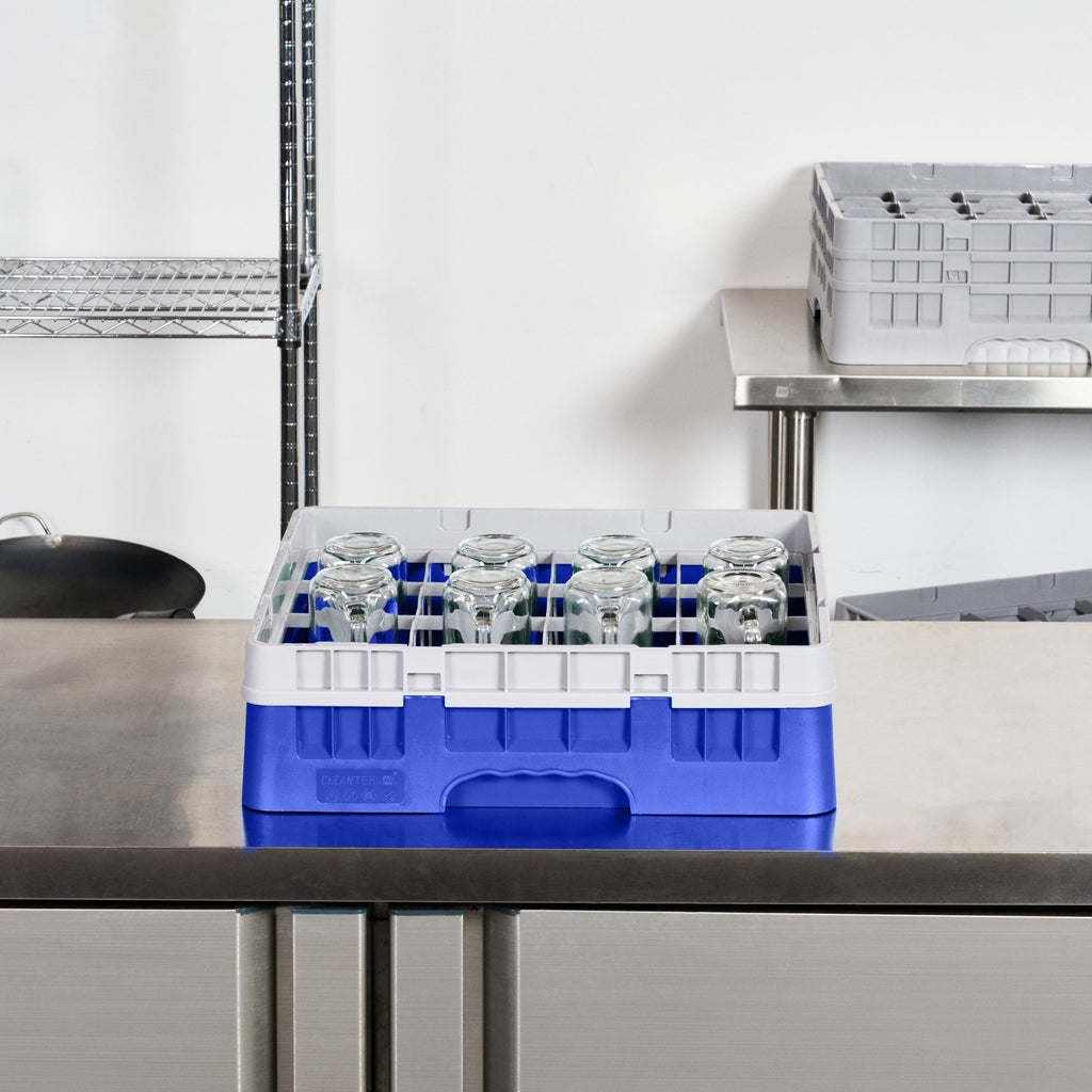 Clean Tek Professional Blue Glass Rack - 16 Compartments, 1 Full Drop Extender - 19 3/4" x 19 3/4" x 5 3/4" - 1 count box