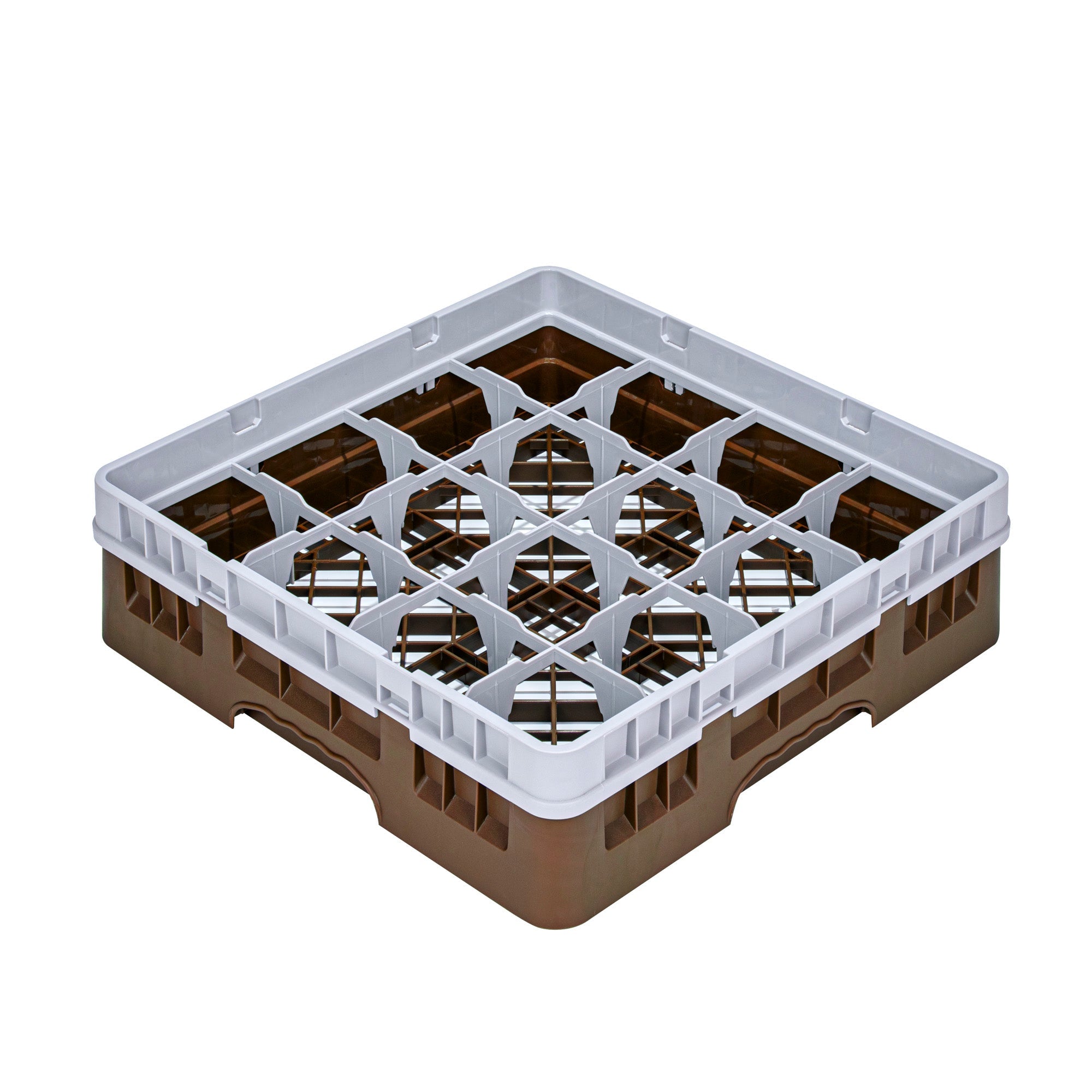 Clean Tek Professional Brown Glass Rack - 16 Compartments, 1 Full Drop Extender - 19 3/4" x 19 3/4" x 5 3/4" - 1 count box