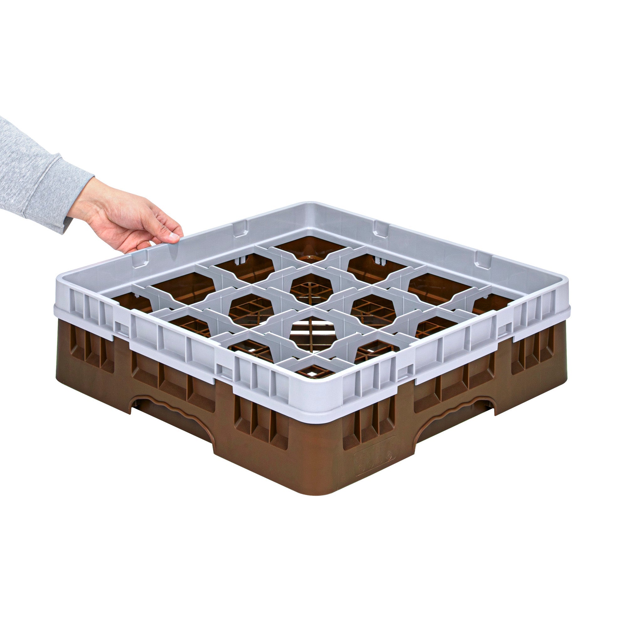 Clean Tek Professional Brown Glass Rack - 16 Compartments, 1 Full Drop Extender - 19 3/4" x 19 3/4" x 5 3/4" - 1 count box