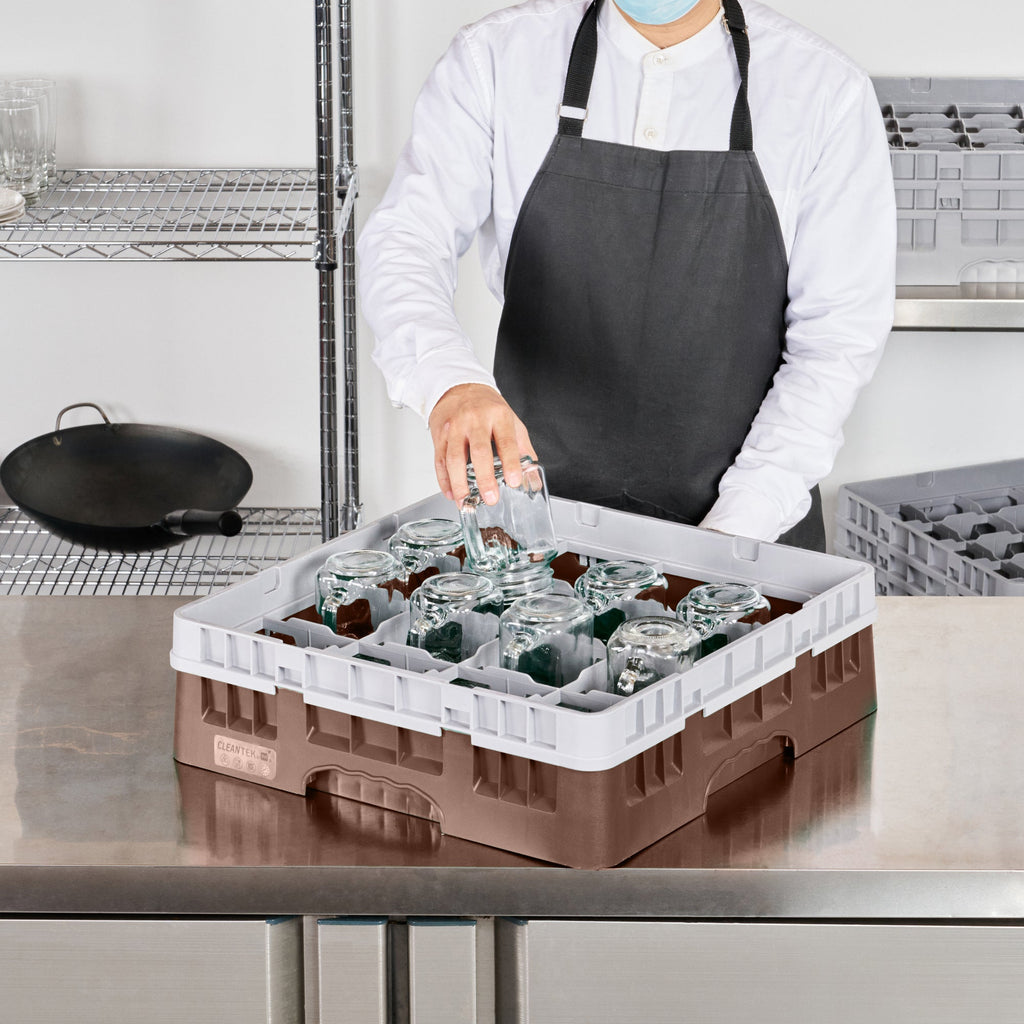 Clean Tek Professional Brown Glass Rack - 16 Compartments, 1 Full Drop Extender - 19 3/4" x 19 3/4" x 5 3/4" - 1 count box