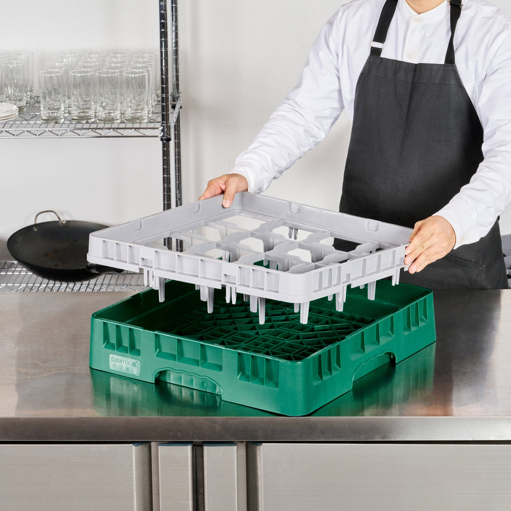 Clean Tek Professional Green Glass Rack - 16 Compartments, 1 Full Drop Extender - 19 3/4" x 19 3/4" x 5 3/4" - 1 count box