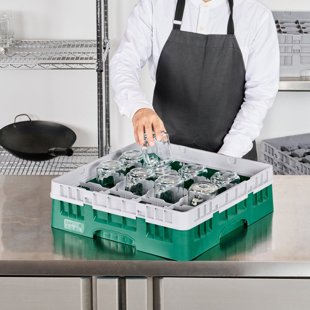Clean Tek Professional Green Glass Rack - 16 Compartments, 1 Full Drop Extender - 19 3/4" x 19 3/4" x 5 3/4" - 1 count box