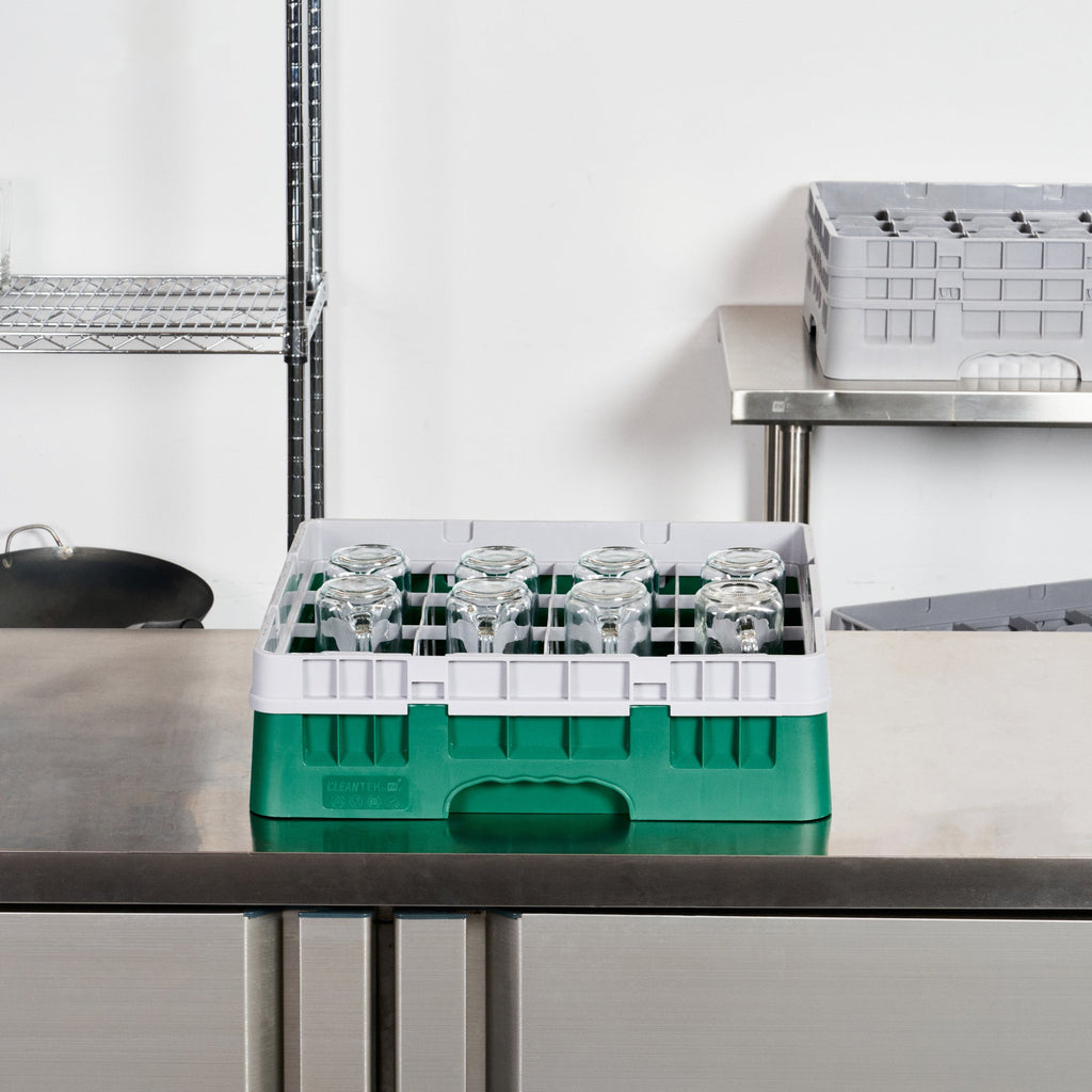 Clean Tek Professional Green Glass Rack - 16 Compartments, 1 Full Drop Extender - 19 3/4" x 19 3/4" x 5 3/4" - 1 count box