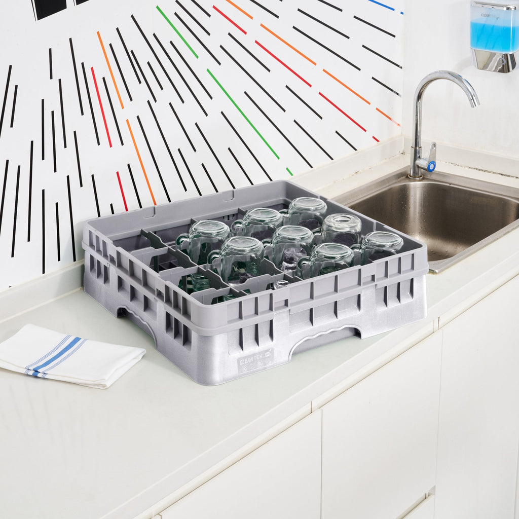 Clean Tek Professional Gray Glass Rack - 16 Compartments, 1 Full Drop Extender - 19 3/4" x 19 3/4" x 5 3/4" - 1 count box