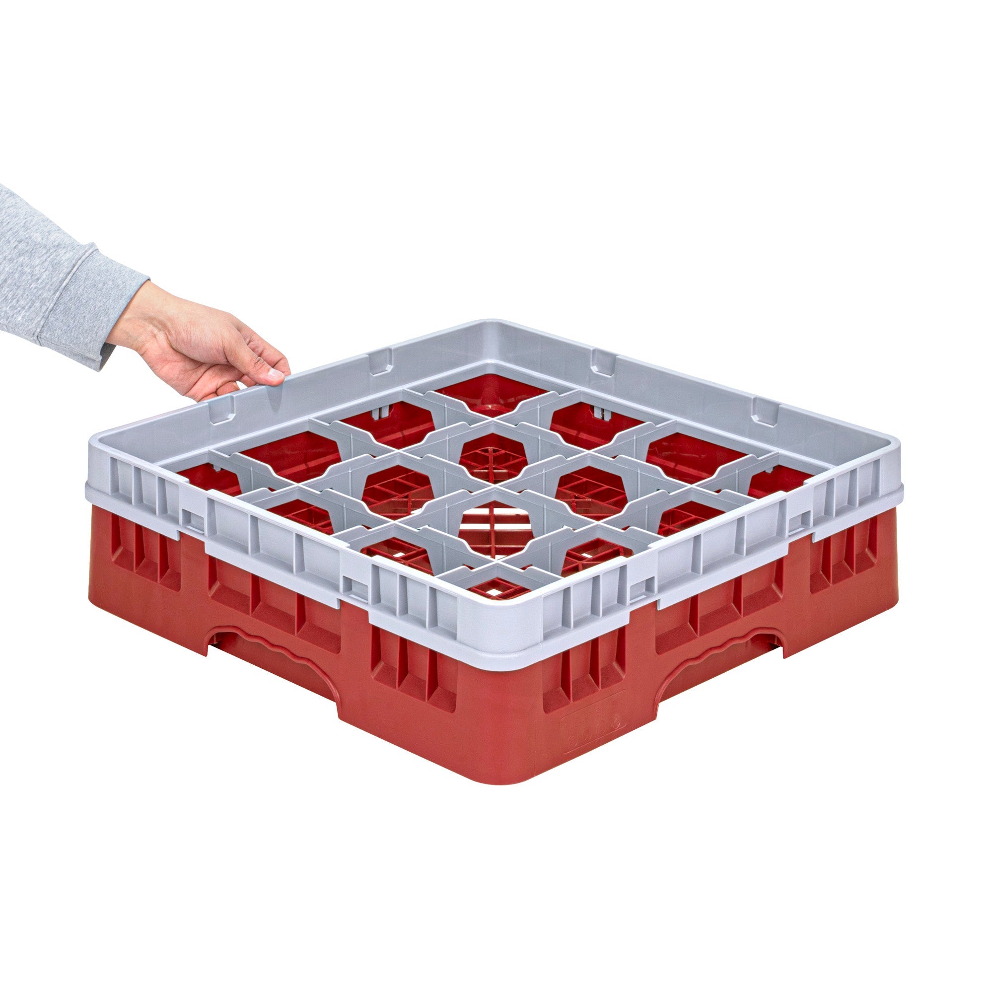 Clean Tek Professional Red Glass Rack - 16 Compartments, 1 Full Drop Extender - 19 3/4" x 19 3/4" x 5 3/4" - 1 count box
