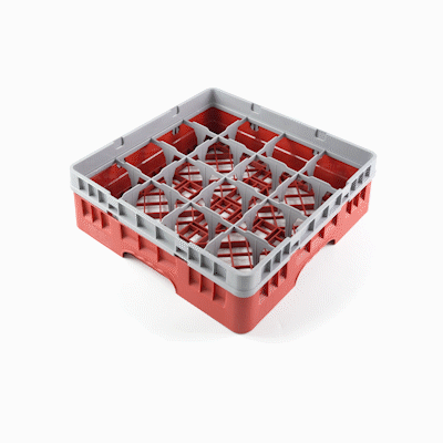 Clean Tek Professional Red Glass Rack - 16 Compartments, 1 Full Drop Extender - 19 3/4" x 19 3/4" x 5 3/4" - 1 count box