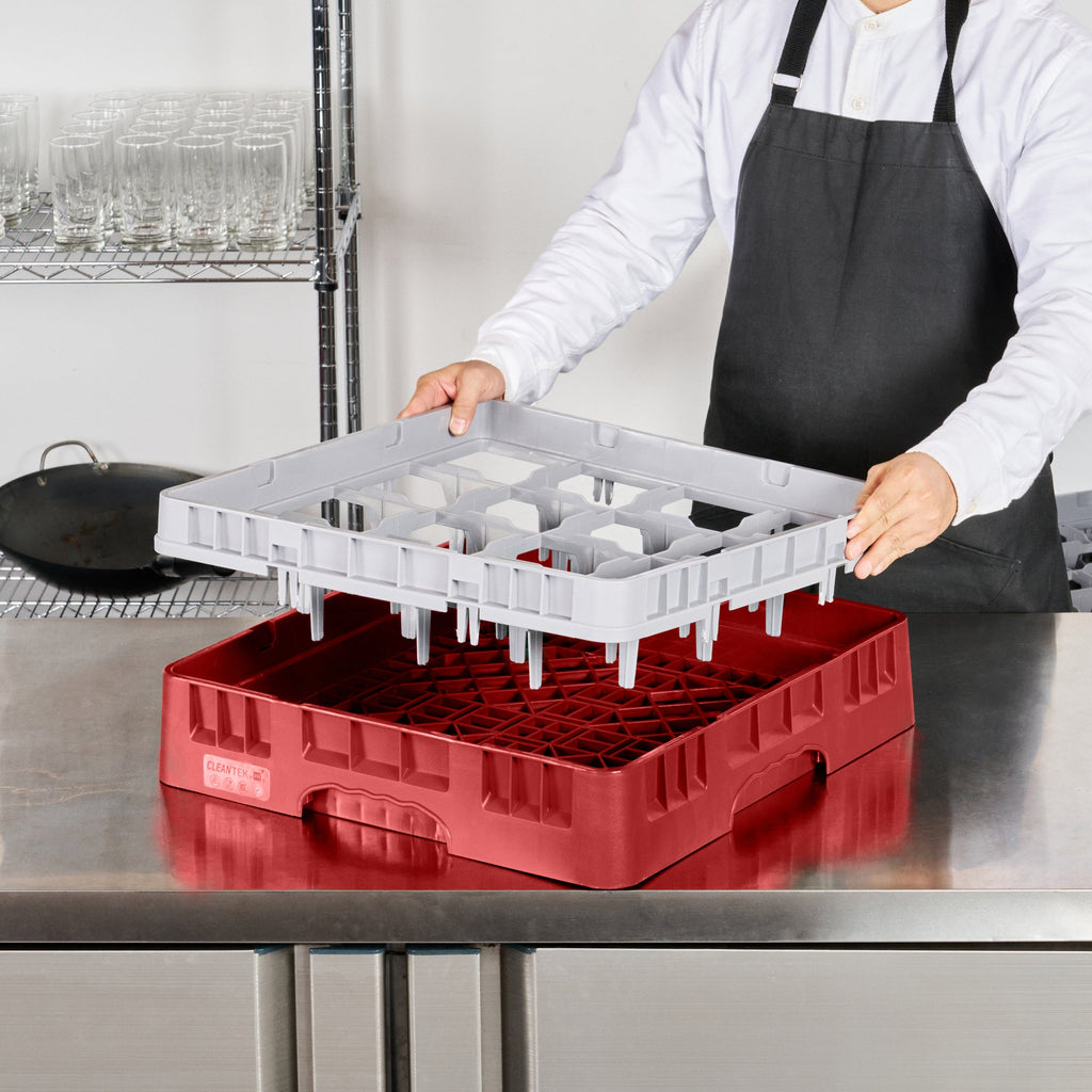 Clean Tek Professional Red Glass Rack - 16 Compartments, 1 Full Drop Extender - 19 3/4" x 19 3/4" x 5 3/4" - 1 count box