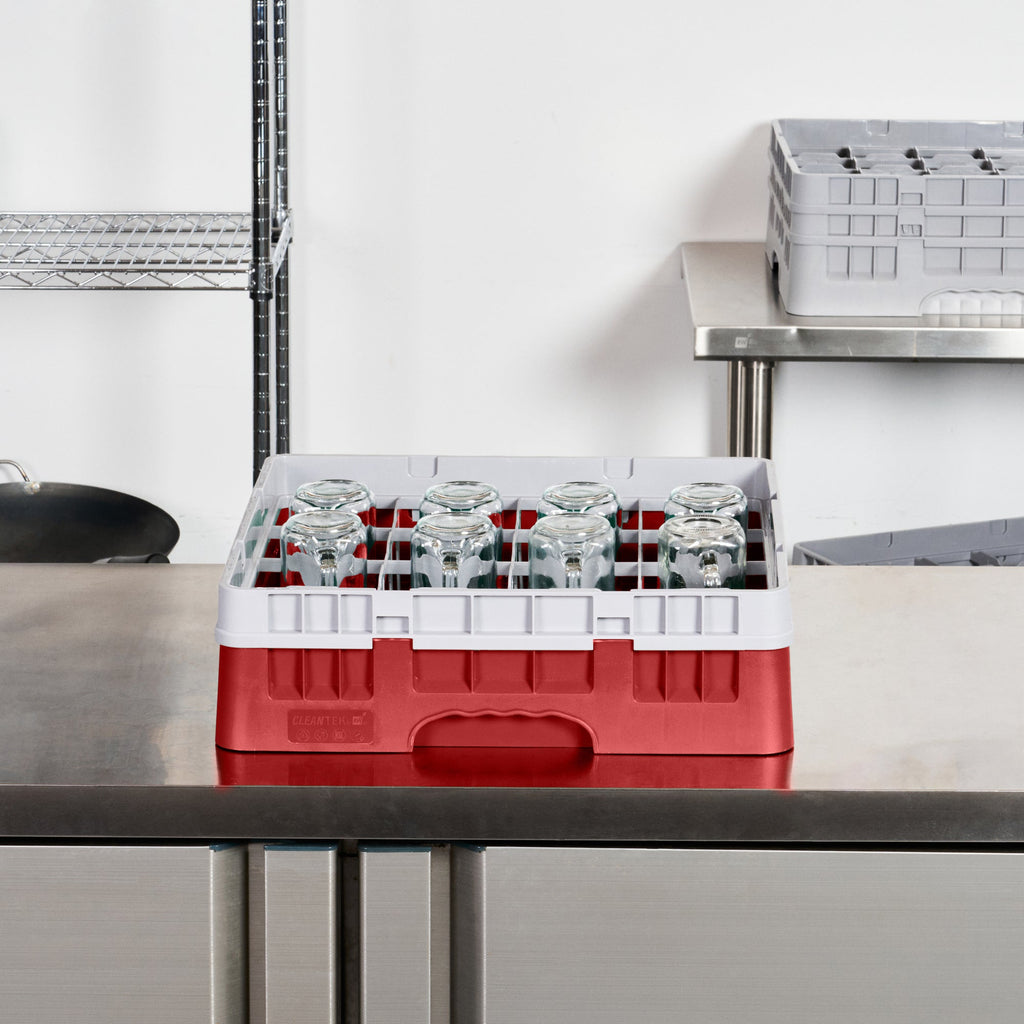 Clean Tek Professional Red Glass Rack - 16 Compartments, 1 Full Drop Extender - 19 3/4" x 19 3/4" x 5 3/4" - 1 count box