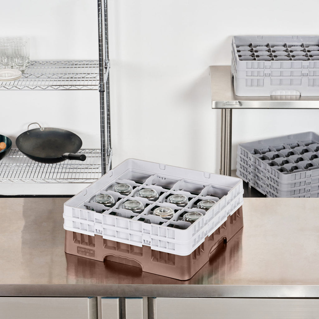 Clean Tek Professional Brown Glass Rack - 16 Compartments, 1 Full Drop and 1 Half Drop Extender - 19 3/4" x 19 3/4" x 7 1/4" - 1 count box